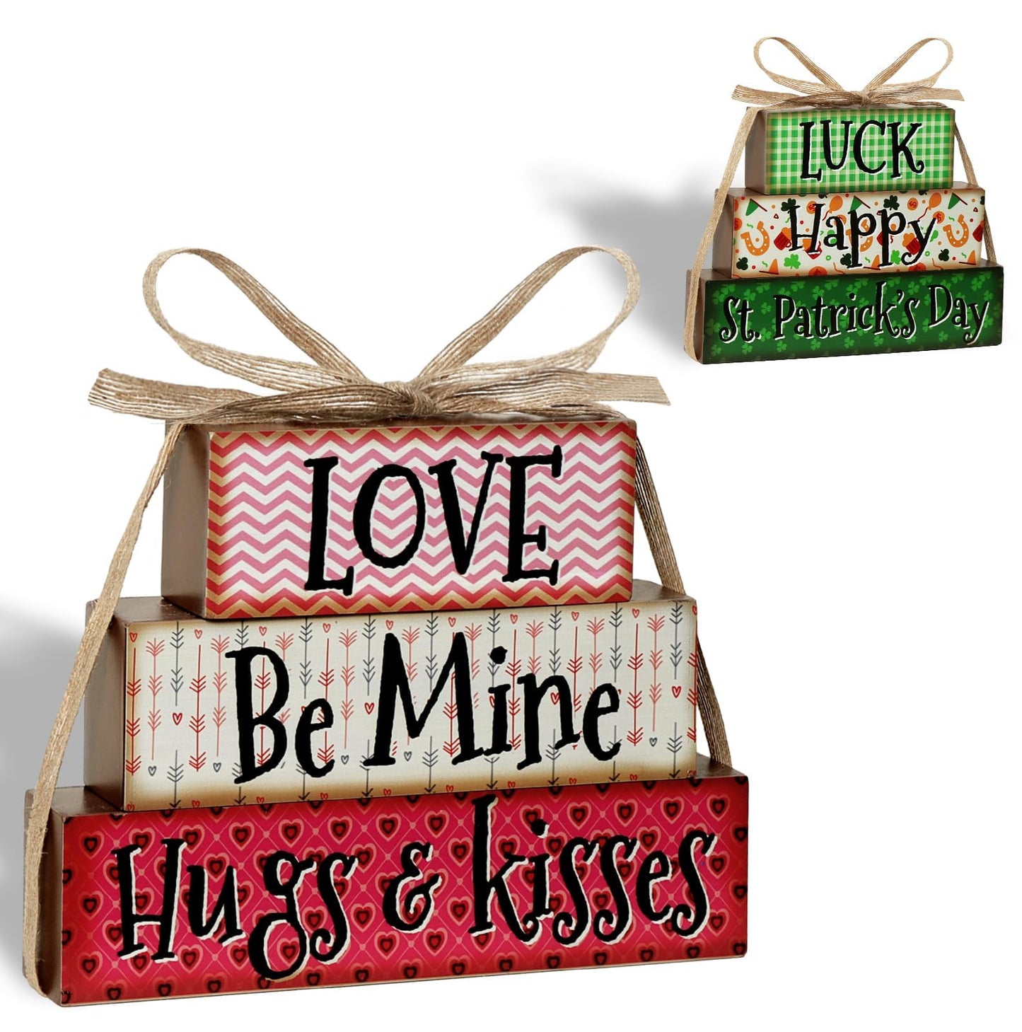 Valentines Day St. Patrick's Day Decor - Rustic Tiered Tray with Reversible Shamrock Blocks for Table & Kitchen Farmhouse Valentine Bundle