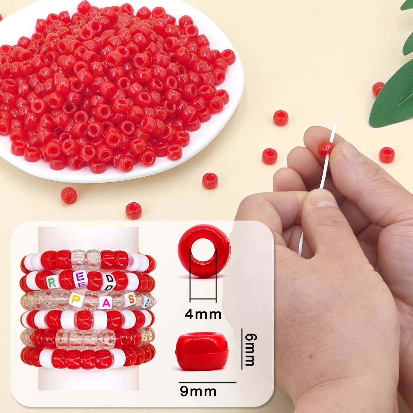 MIIIM 1200PCS 6x9mm Red Pony Beads Bulk, Kandi Beads for Bracelets Making Kit, Hair Braids Crafts for Jewelry Making (Flag Red)