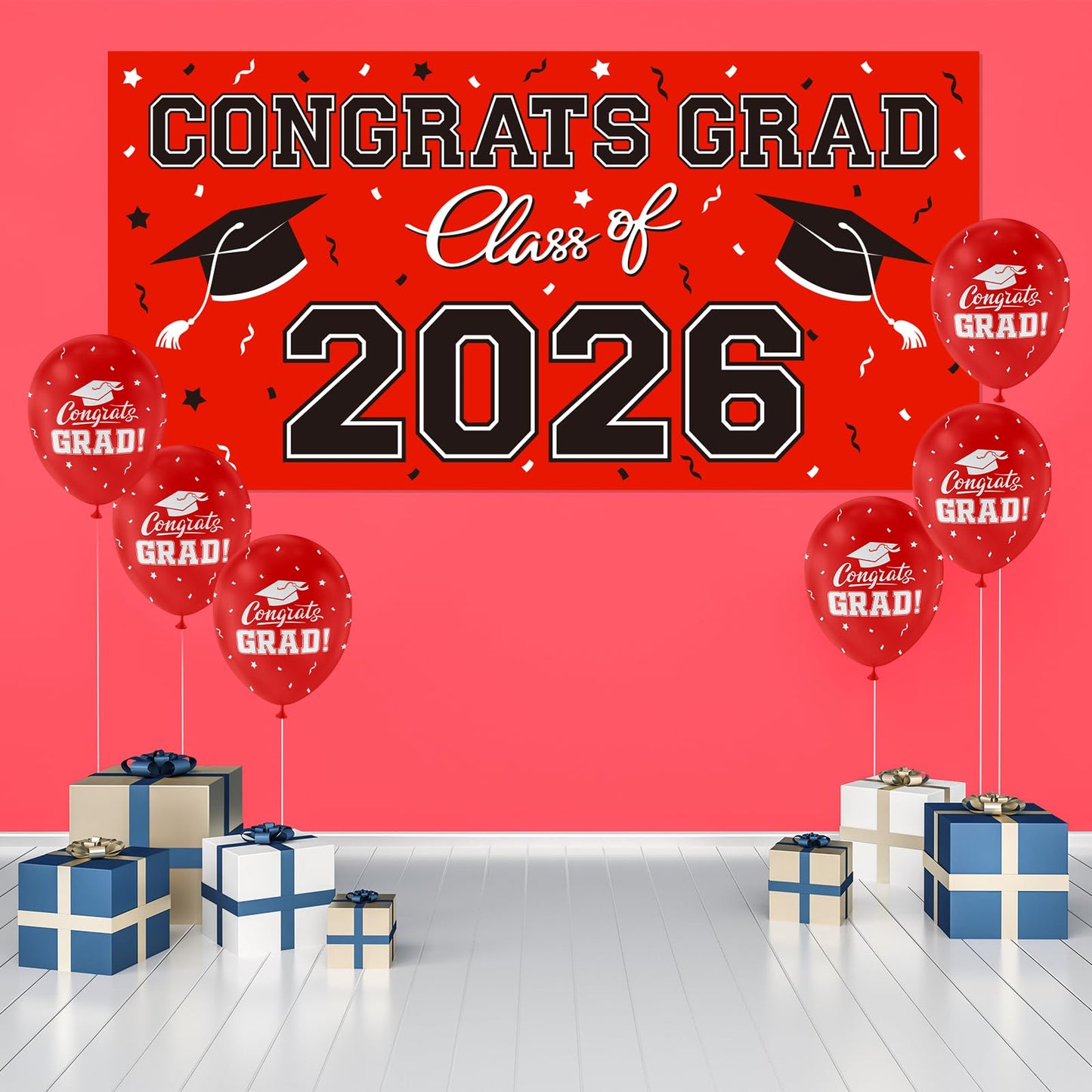 2026 Graduation Party Plastic Backdrop - 65" x 32.7" Congrats Grad Banner in Red, Large Class of 2026 Decorations, Photography & Grad Party Supplies