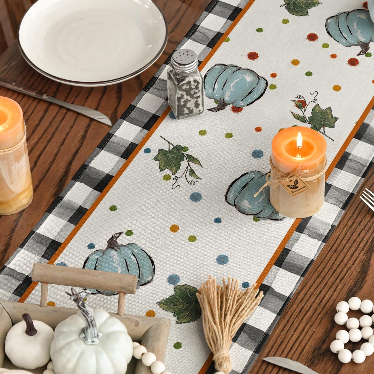 Artoid Mode Blue Pumpkin Bowknot Buffalo Plaid Fall Table Runner,Seasonal Autumn Kitchen Dining Table Decoration for Home Party Decor 13x72 Inch