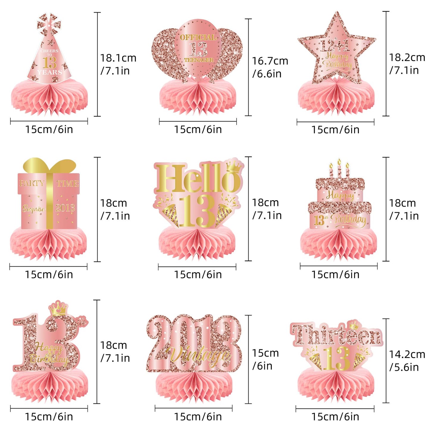 9Pcs 13th Birthday Decorations Rose Gold 13th Birthday Party Decorations for Girls,Pink Happy 13 Years Honeycomb Centerpieces Table Sign Decor Supplies
