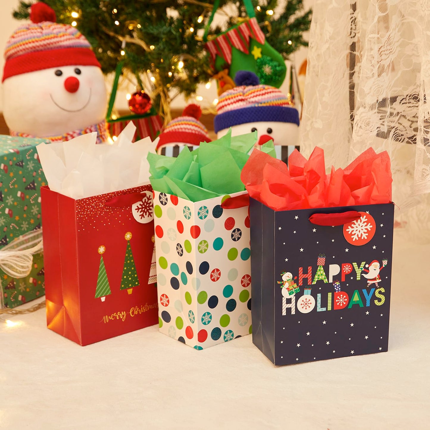 Small Christmas Gift Bags with Tissue Paper, 6 Pack Holiday Theme Bags in 3 Festive Designs, 7x9x4 Inches, Red Navy White with 12 Sheets Tissue Paper