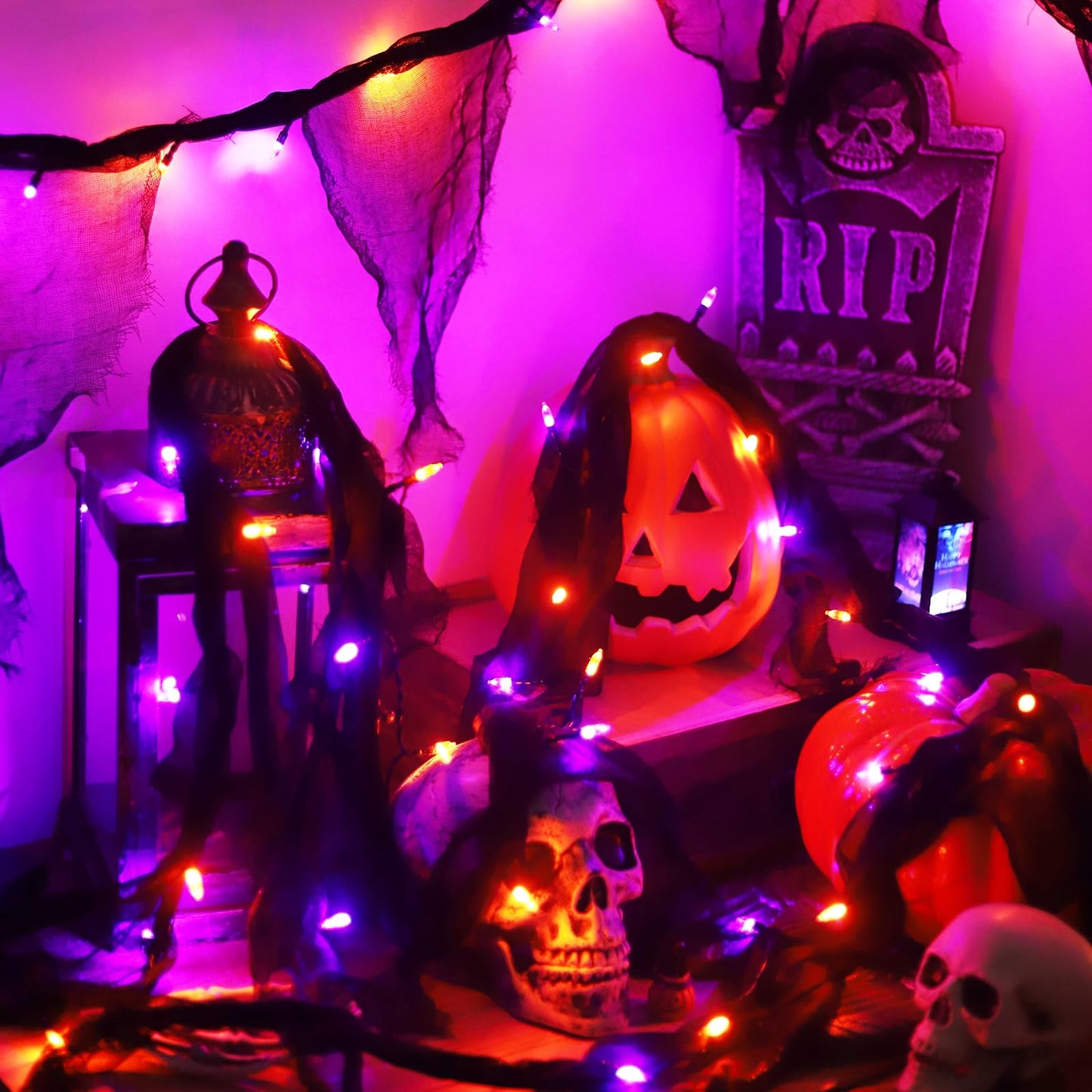 Halloween Decorations String Lights Orange and Purple Indoor 30LED with Black Gauze Timer, 2 Mode Battery Operated 9.9Ft Creepy Cloth Spooky Lights, Gothic Party Room Decor (1PACK)