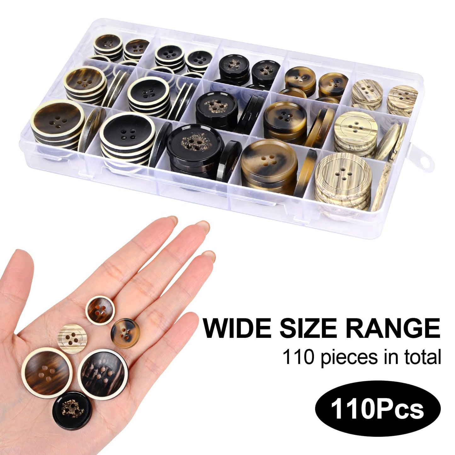 110Pcs Mixed Sewing Buttons, 4-Hole Craft Round Blazer Buttons, 5 Color 3 Size (15mm, 20mm, 25mm) Suit Coats Resin Button, Suitable for Variety Clothing Sewing, DIY Craft (Style D)