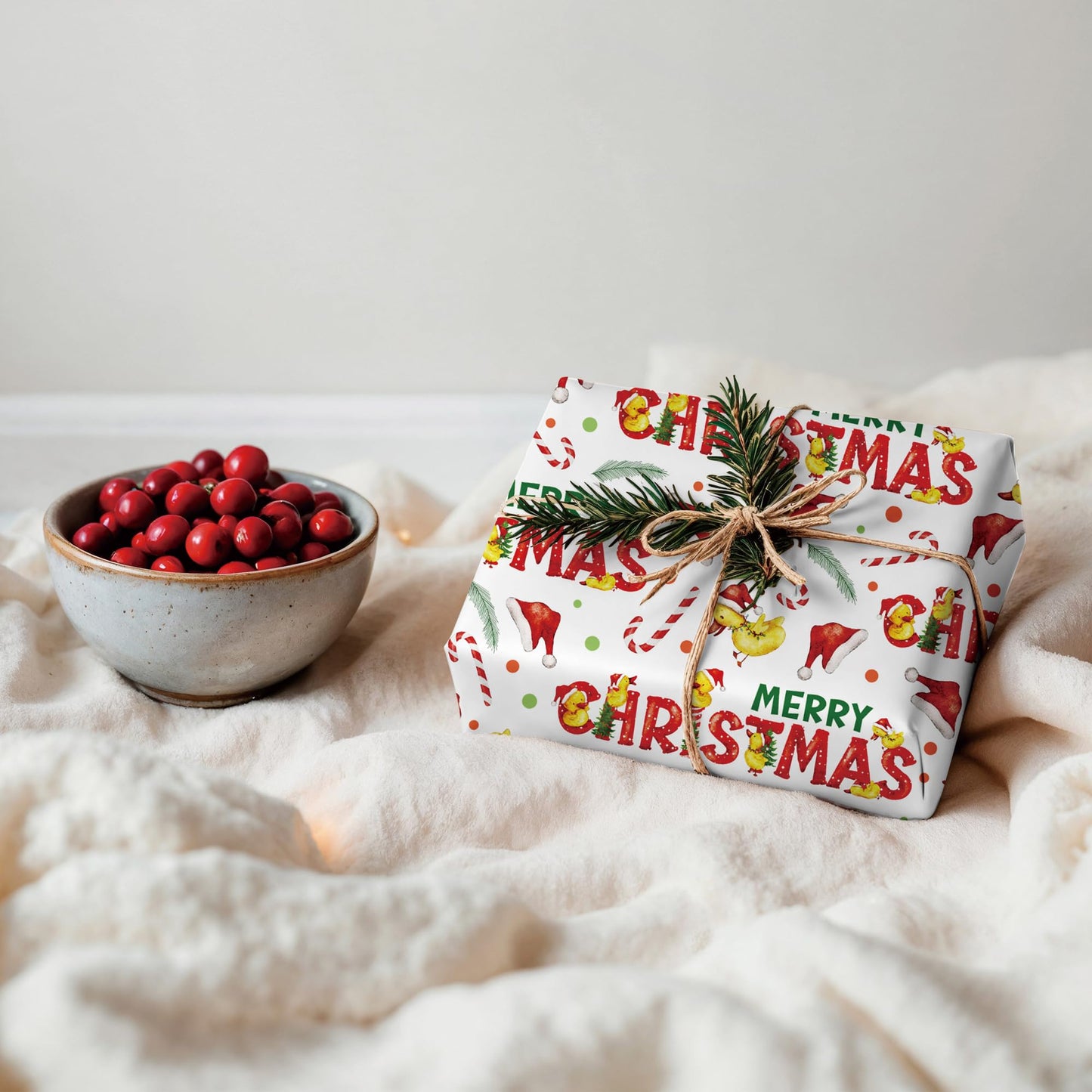 Christmas Duck Wrapping Paper - Funny Xmas Gift Wrap with Santa Hats, Candy Canes, Yellow Ducks and MERRY CHRISTMAS for Kids Boys Girls - 40×28 Inches, 4 Folded Sheets