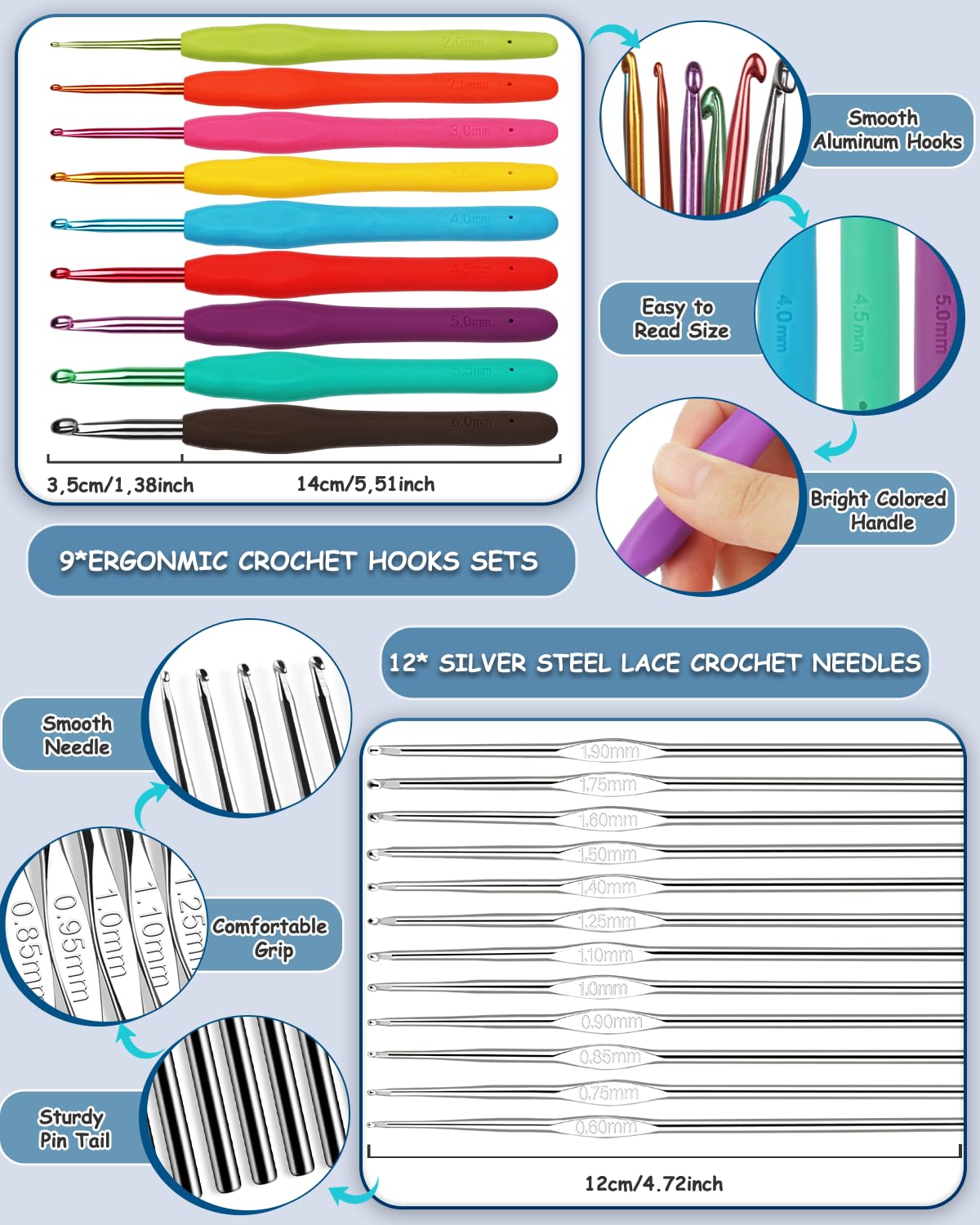 Crochet Kit for Beginners with 15 Colors Yarn and Introduction Book, 71pcs Crochet Starter Kit Everything for Adult, Learn to Crochet Kit with Soft Grip Crochet Hooks and Blue Cat Bag