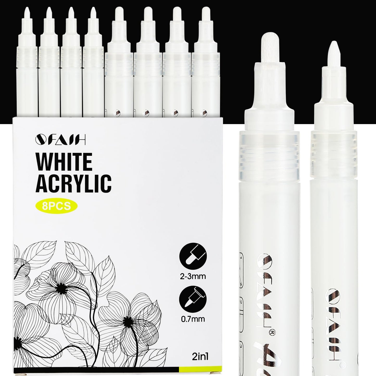SFAIH Acrylic White Paint Pens - 8 Pack 2-3MM Medium Tip & 0.7MM Extra Fine White Paint Marker for Rock Painting, Wood, Metal, Fabric, Plastic, Canvas, Glass, Ceramic, Diy Crafts