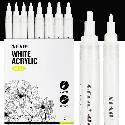 SFAIH Acrylic White Paint Pens - 8 Pack 2-3MM Medium Tip & 0.7MM Extra Fine White Paint Marker for Rock Painting, Wood, Metal, Fabric, Plastic, Canvas, Glass, Ceramic, Diy Crafts
