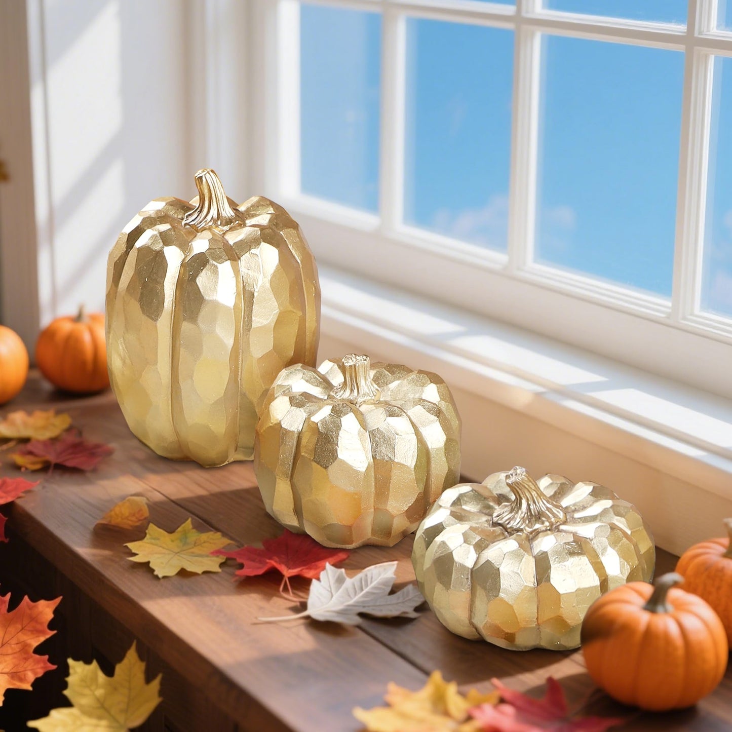 3 Pack Gold Pumpkins Thanksgiving Decorations- Fall Decor for Home, Table, Fireplace Mantel, Office, Elegant Decorative Pumpkin Autumn Indoor Decor