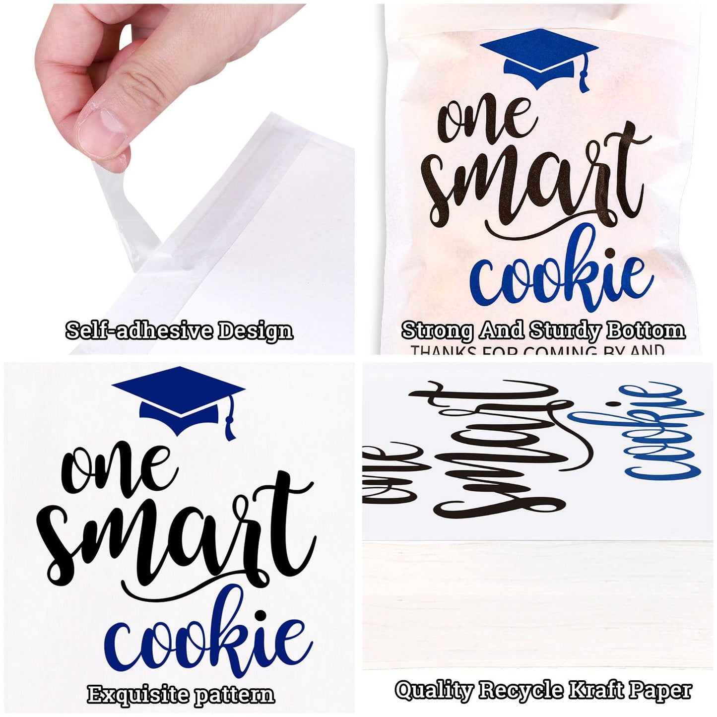 Whaline 100 Pcs 2026 Graduation Cookie Treat Bags White-Blue One Smart Cookie Self Adhesive Buffet Paper Bags for Congrats Grad School Party Supplies, 5.1 x 7.1 Inch