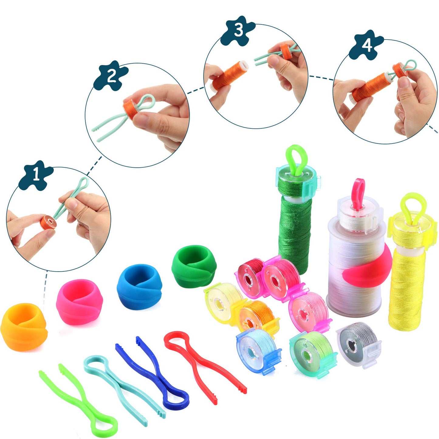 144 Pieces Bobbin Thread Buddies Set includes 70 Bobbin Holder Clips Color Thread Clips Holder Tool, 32 Thread Spool Huggers, 42 Bobbin Thread Holders for Thread Spool Organizing