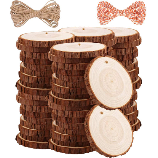 Natural Wood Slices TICIOSH Craft Unfinished Wood kit Predrilled with Hole Wooden Circles for DIY Crafts Wedding Decorations Christmas Ornaments Arts Wood Slices (50 Pcs 2.8-3.1 inches)