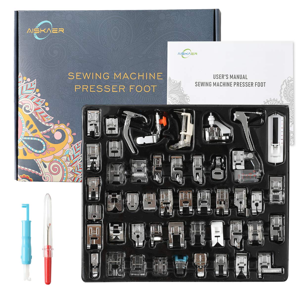 Aiskaer 48Pcs Sewing Machine Presser Feet Foot Set for Brother, Babylock, Singer, Janome, Elna, Toyota, New Home, Simplicity, Kenmore