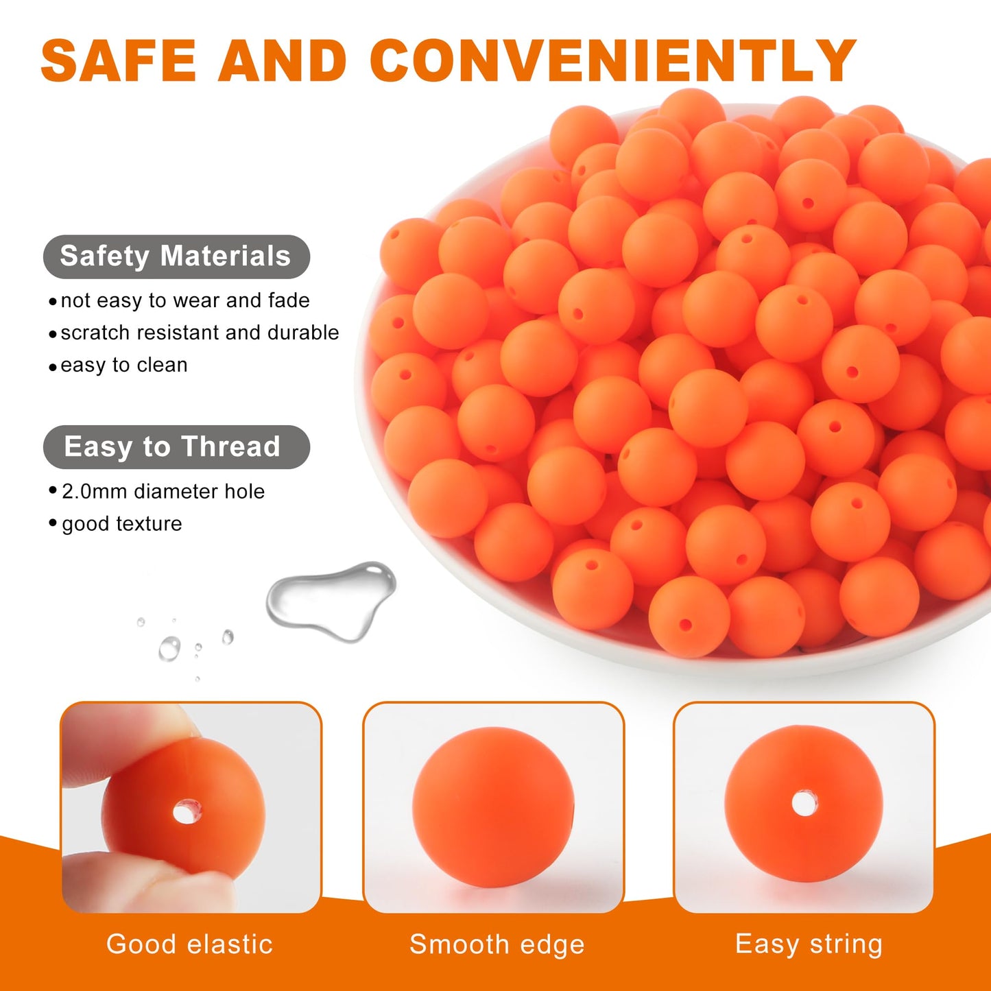 HHCFAST 150Pcs 15mm Silicone Beads, Silicone Beads for Keychain Making Bulk Silicone Beads for Bracelet Making Necklace Making and Round Silicone Beads for Pens(Orange)