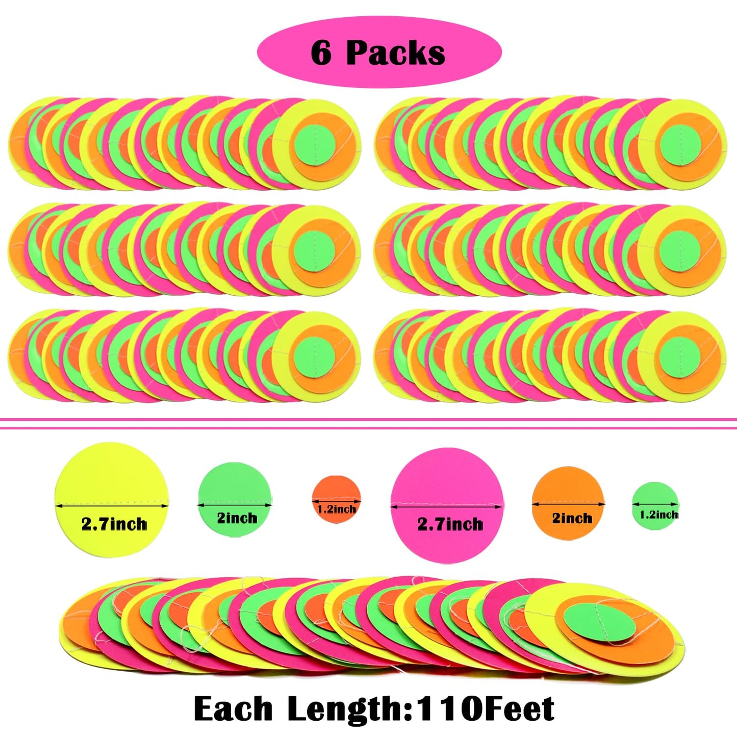 110feet UV Round Dot Paper Neon Garland Neon Streamers Black Light Neon Decorations for Dark Glow Party UV Reactive Neon Party Favors Glow in The Dark Party Supplies Wedding Birthday Banner Decoration