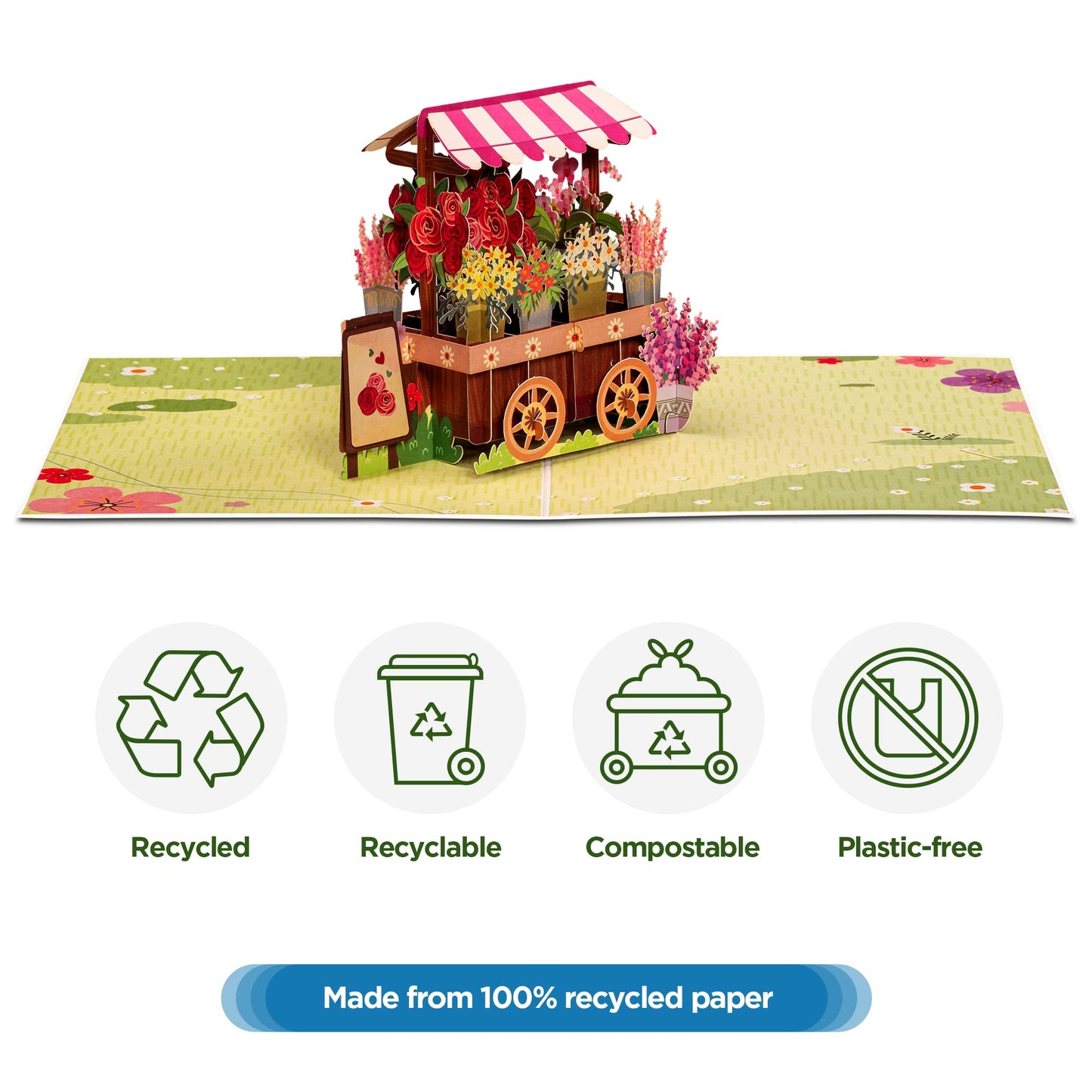 Paper Love Frndly Pop Up Valentine's Day Card, Flower Stand, Handmade 3D Popup Cards, 100% Recycled and Eco-Friendly, 8" x 6" Cover - with Removable Note Tag
