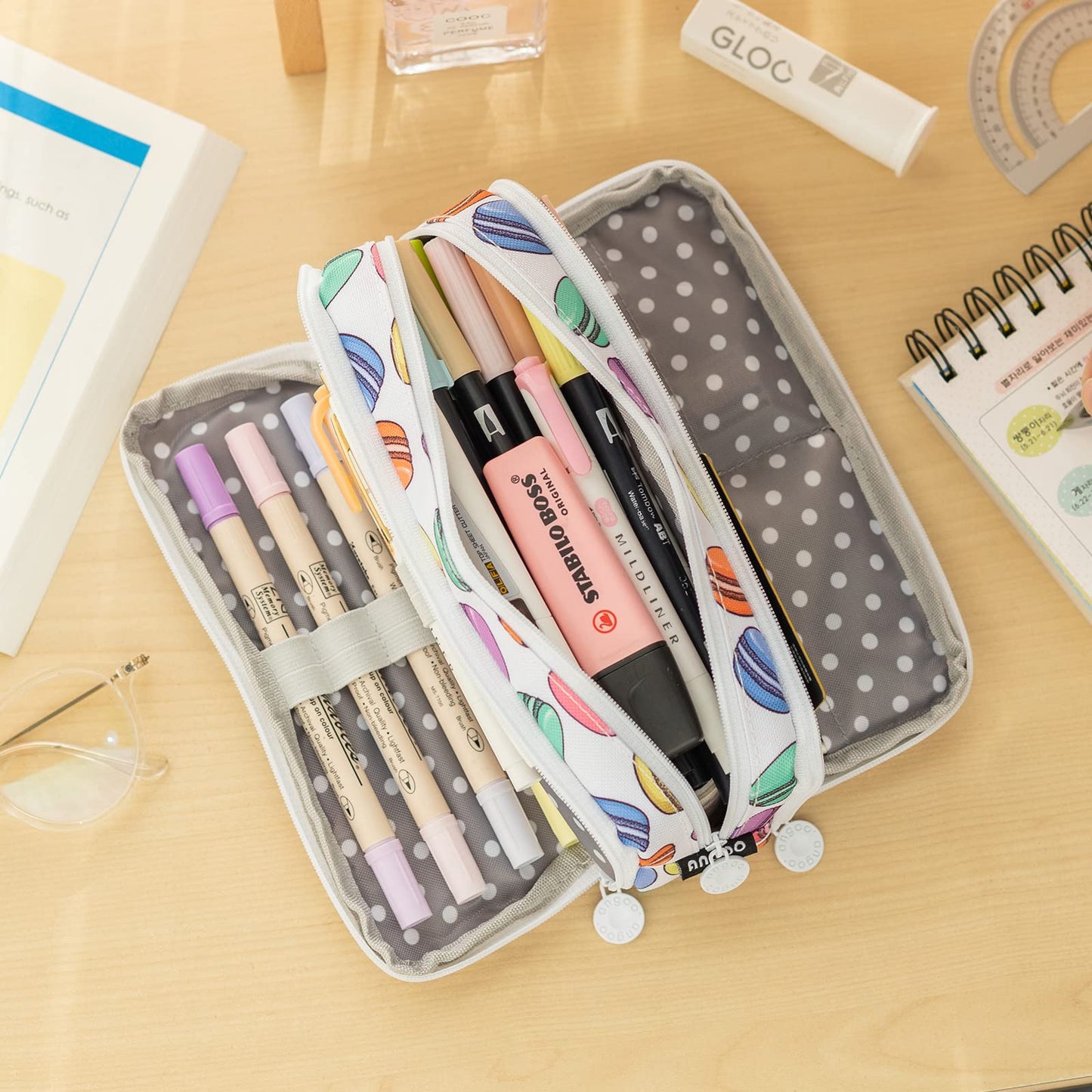 ANGOOBABY Large Pencil Case Big Capacity 3 Compartments Canvas Pencil Pouch for Teen Boys Girls School Students (White Macaron)