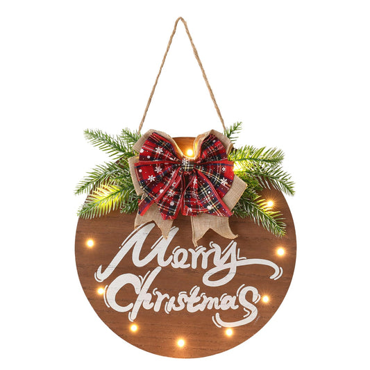 HOMCDALY Merry Christmas Sign for Front Door, Wooden Hanging Sign Door Decoration with 12 LED Light, Winter Welcome Wreath indoor outdoor Décor, Christmas Decoration.