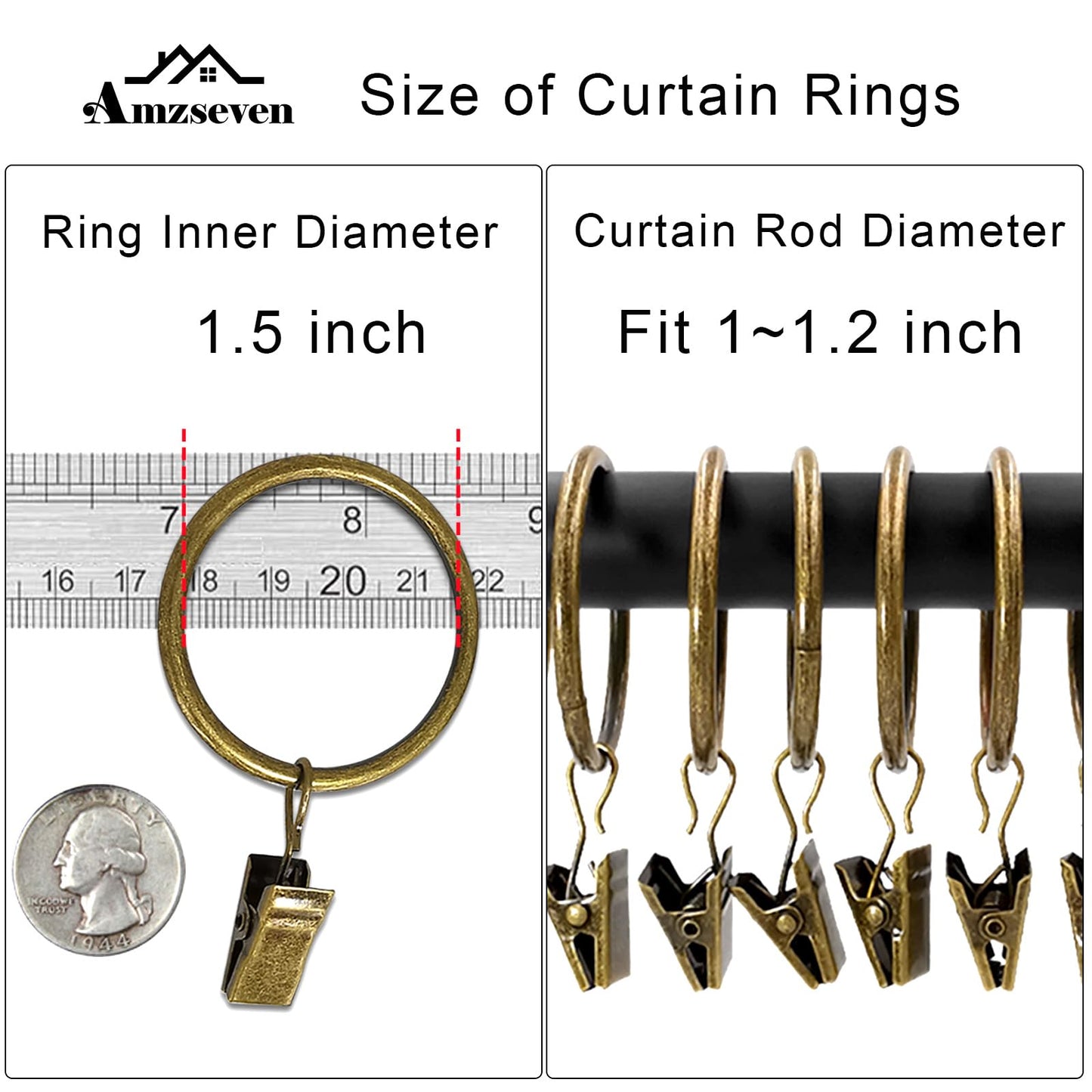 AMZSEVEN 40 Pack Metal Curtain Rings with Clips, Drapery Clips Hooks, Decorative Curtain Rod Clips 1.5 in Interior Diameter, Antique Bronze
