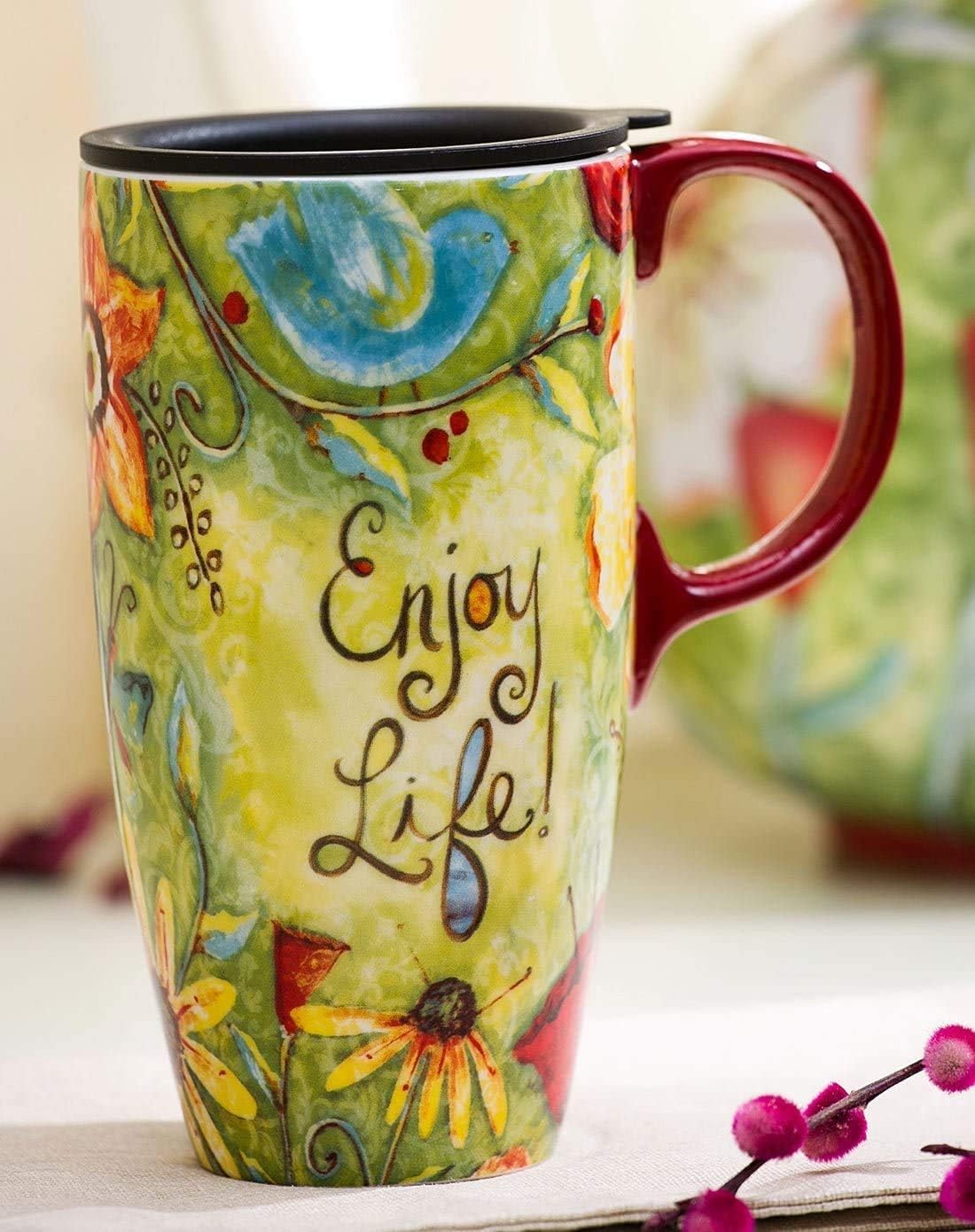 Coffee Ceramic Mug Porcelain Latte Tea Cup With Lid 17oz. Enjoy Life