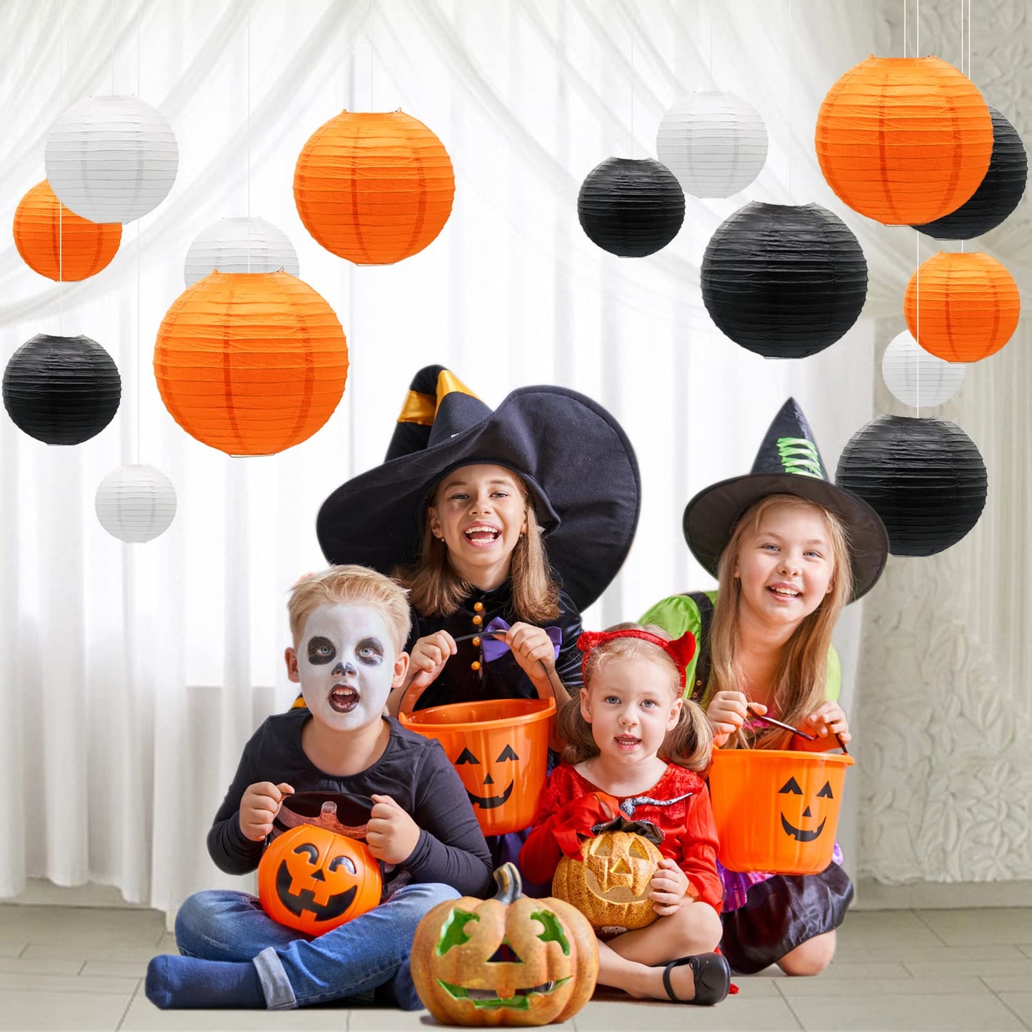 Paper Lanterns Decorative, Round Hanging Lantern for Halloween Thanksgiving Graduation Birthday Party Decorations, Black/Orange/White 9pcs