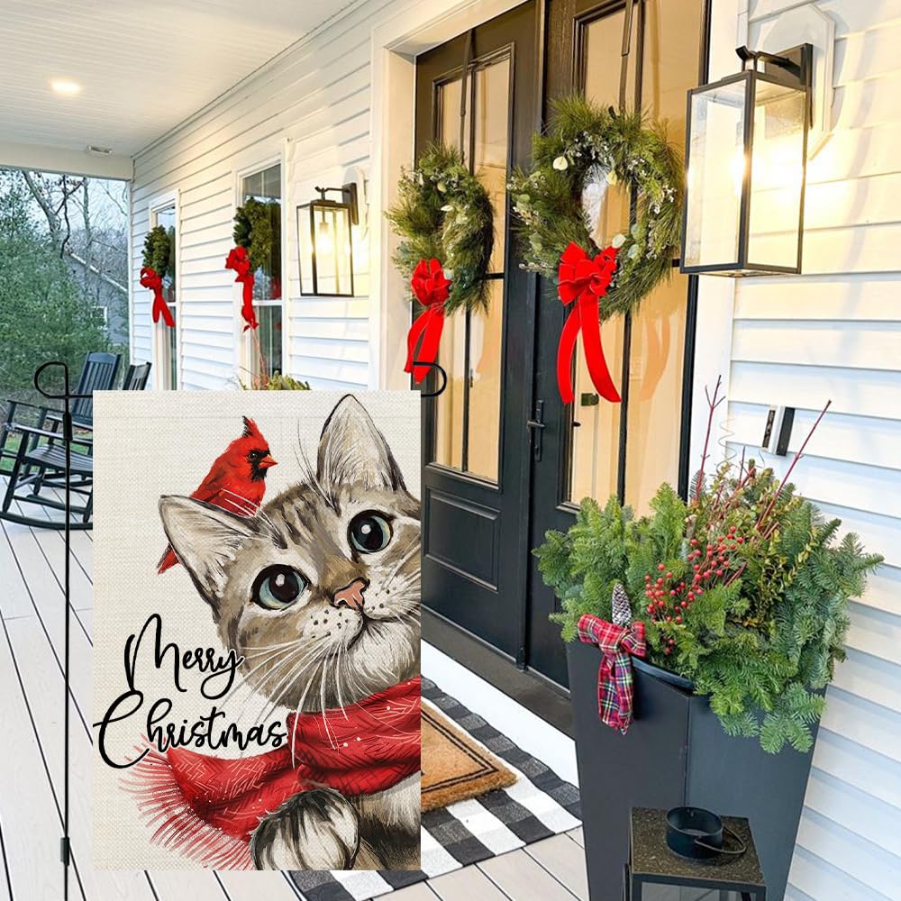 Merry Christmas Cat Garden Flag 12x18 Inch Double Sided Small Burlap Holiday Cardinal Yard Decoration for Outside