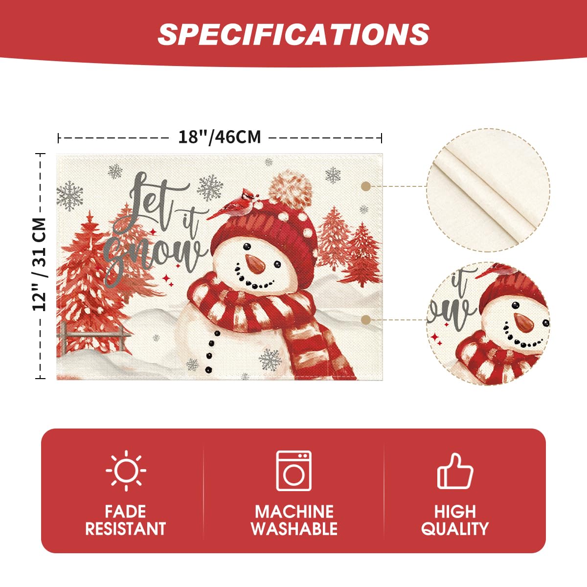 Red Snowman Let It Snow Xmas Tree Merry Christmas Placemats for Dining Table, 12 x 18 Inch Seasonal Winter Washable Table Mats Set of 4