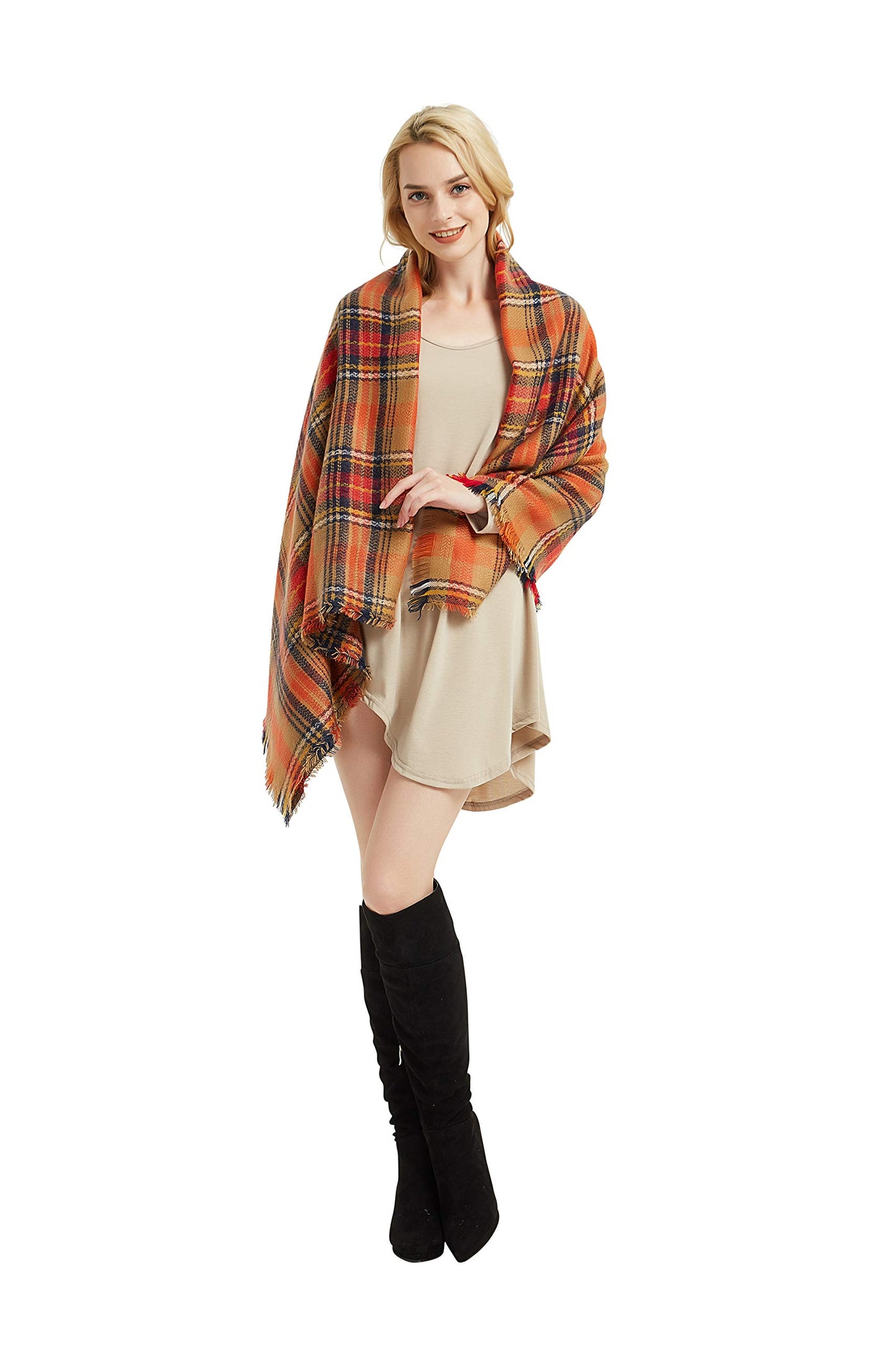 Women's Plaid Blanket Fall Winter Scarf Wrap Oversized Shawl Orange for Halloween Thanksgiving