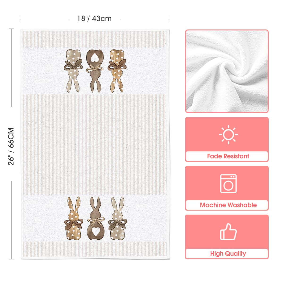 Stripe Rabbit Bunny Eggs Easter Kitchen Towels Dish Towels, 18x26 Inch Spring Decoration Hand Towels Set of 2