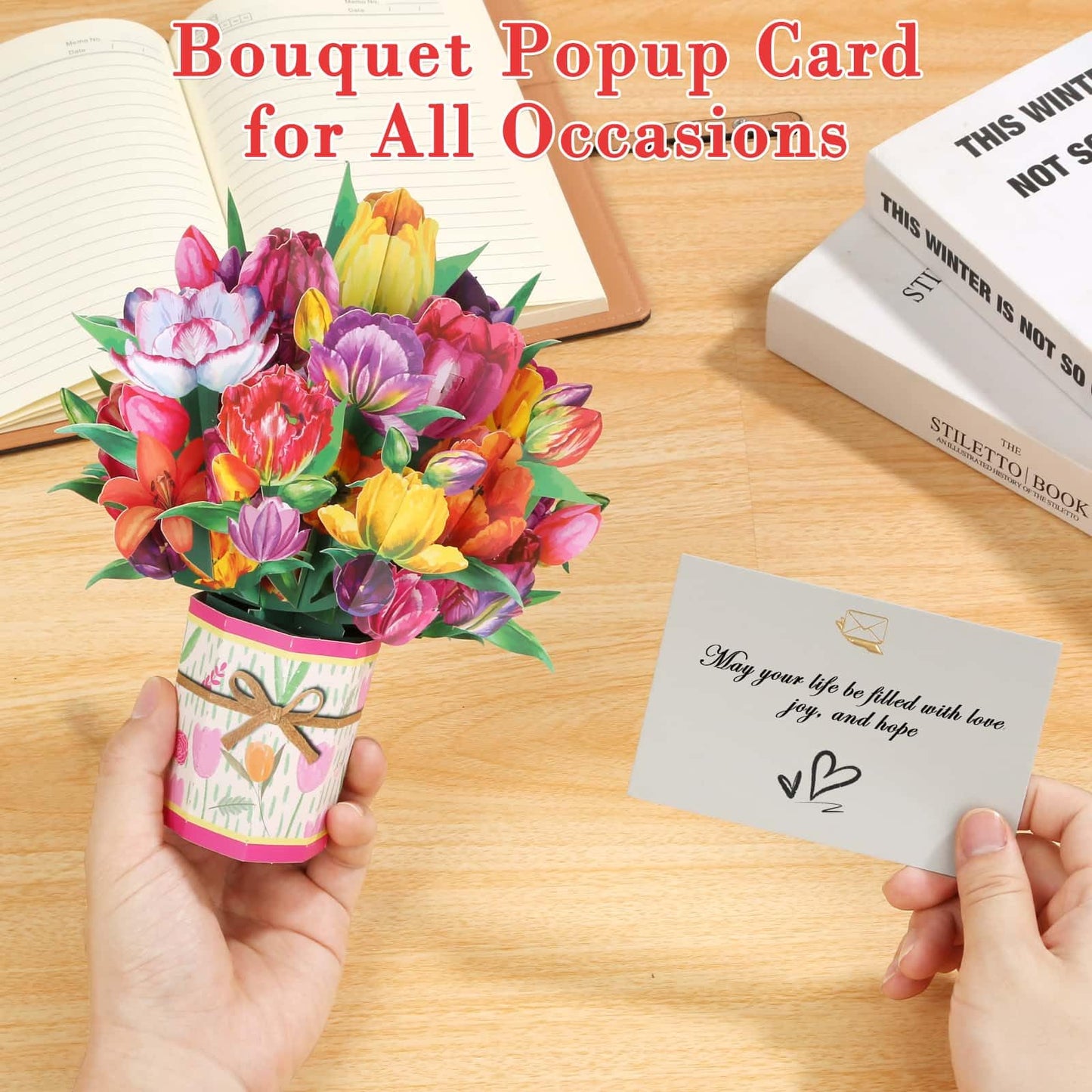 Tidponra Pop Up Card Women, 3D Flower Birthday Cards Popup Tulips Bouquet Get Well Soon Cards with Envelope and Note Card for Mother's Day, Anniversary, Birthday, Home Decor