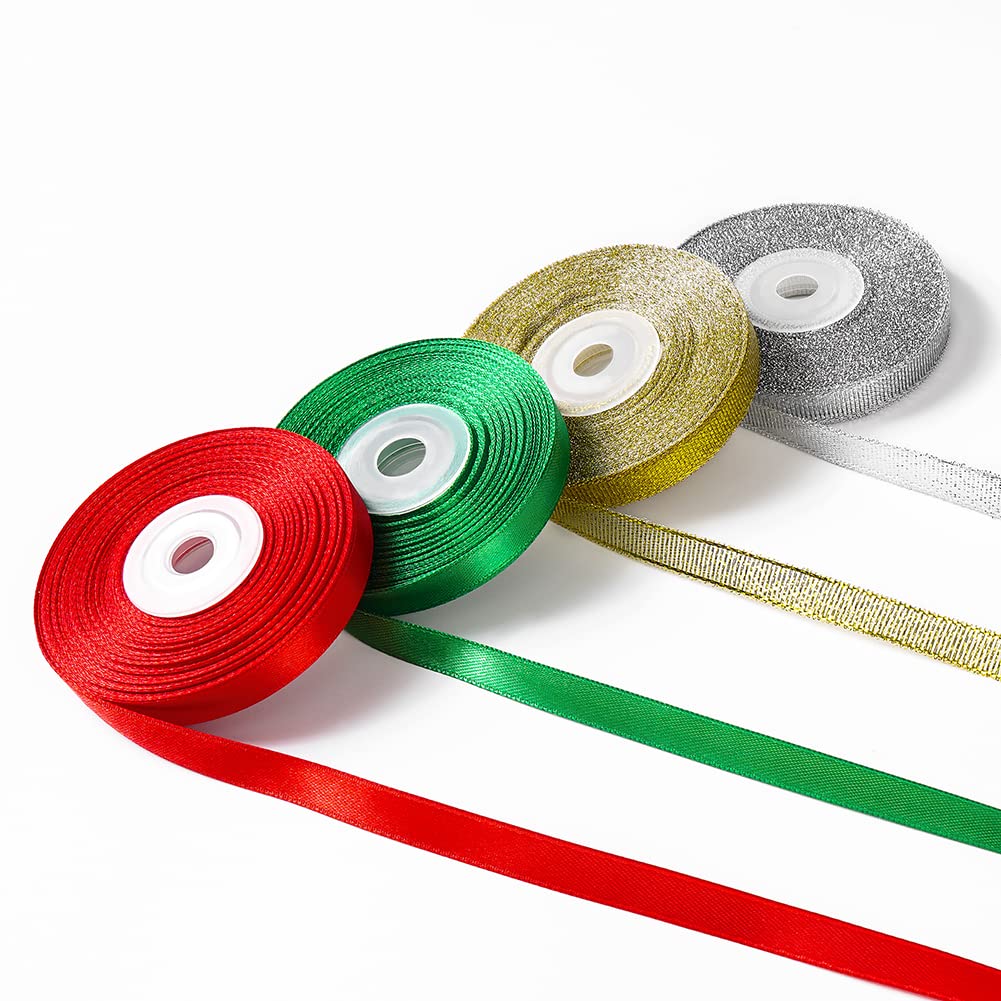 4 Rolls 3/8" Christmas Ribbon - Glitter Metallic Ribbon & Satin Ribbons Set, Total 100 Yards Xmas Holiday Festival for Gift Wrapping, Crafts, Festival Ornaments, Wedding Party Decoration