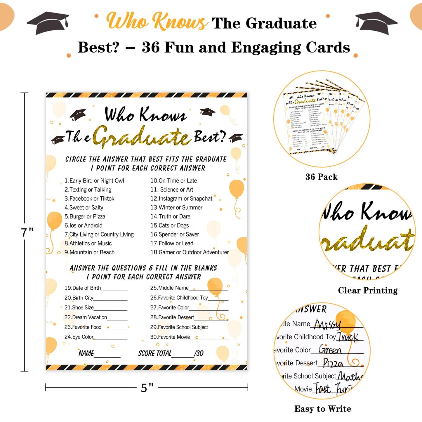 FaCraft 36PCS Who Knows Graduate Best Game Cards Class of 2026 Party Games Activities for High Senior College School Graduation Favor Supplies Graduation Decorations