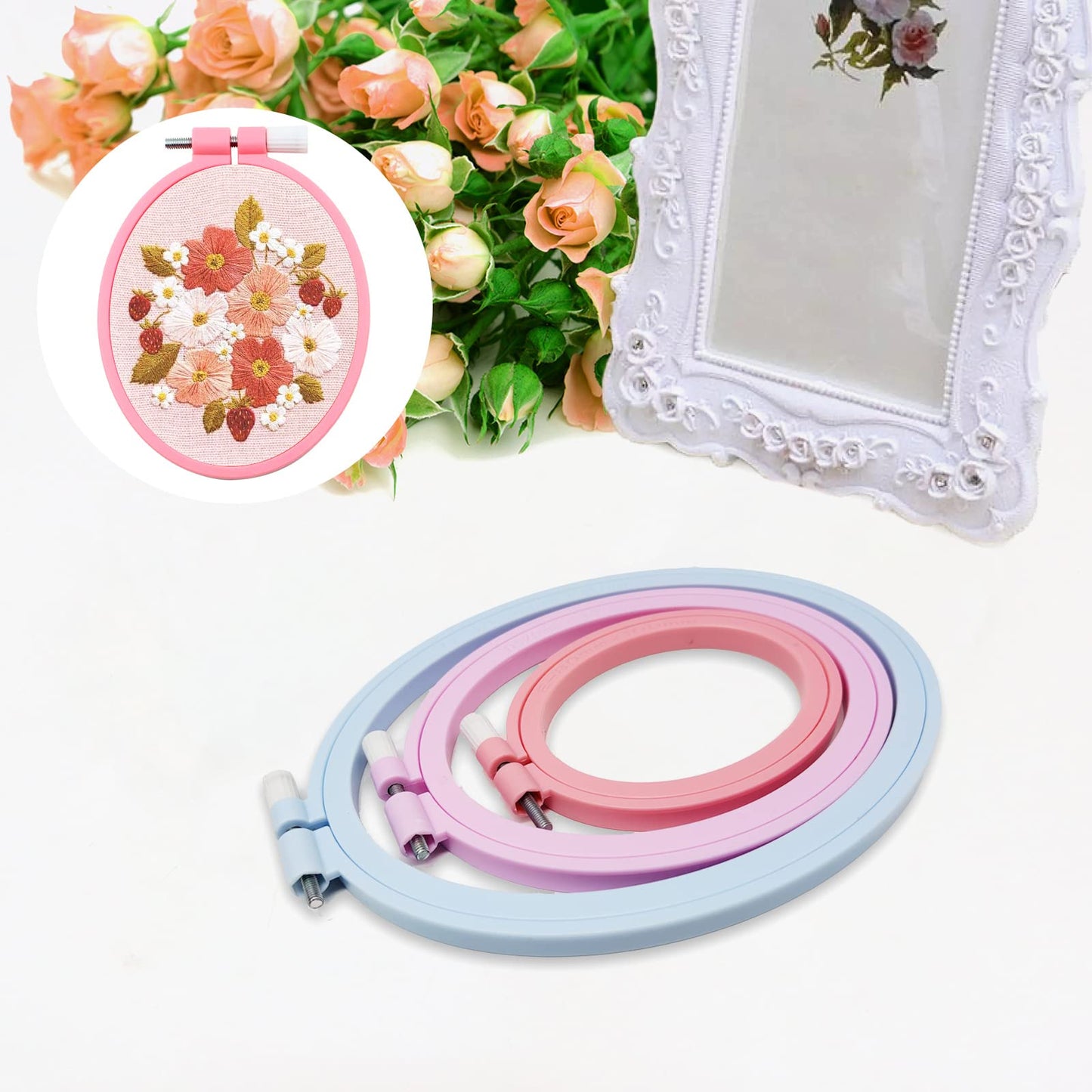 3 Pcs 3 Size Oval Embroidery Hoops, ABS Plastic Embroidery Hoops Cross Stitch Hoops Embroidery Frames for Sewing, Needlework, Embroidery Projects (Size-7.5", 5.7",3.9")