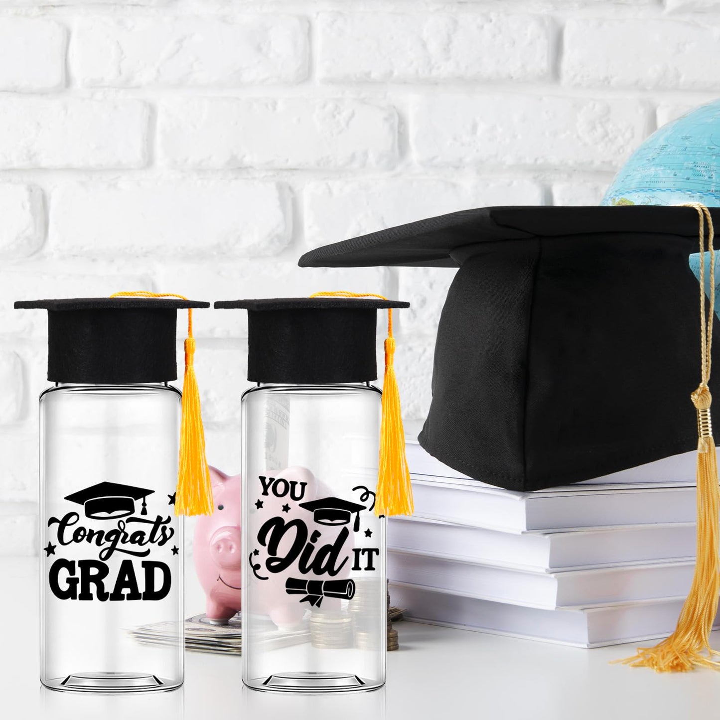 Whaline 20Pcs Graduation Plastic Cups with Lids and Felt Cap Decor Clear Party Drinking Cups Congrats Grad Reusable Tumblers for Graduation Party Supplies