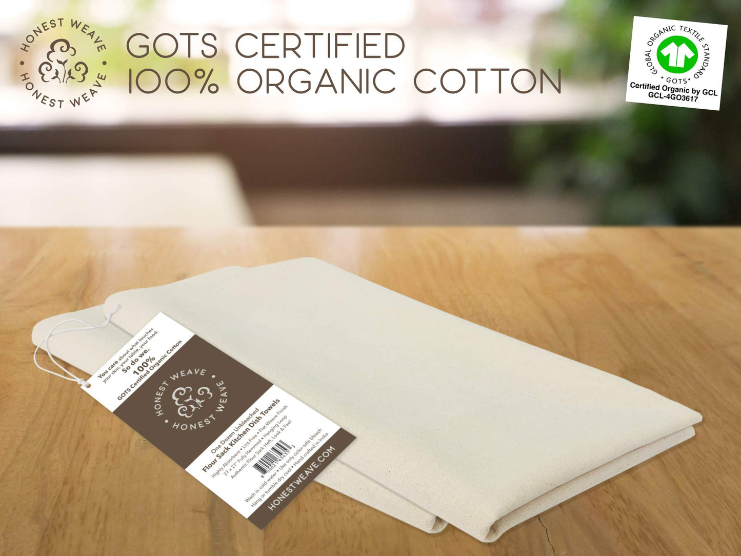 Organic Flour Sack Cotton Kitchen Hand and Dish Towel Sets - Extra Large 27x27 inches, Fully Hemmed, 12-Pack, Natural Tan