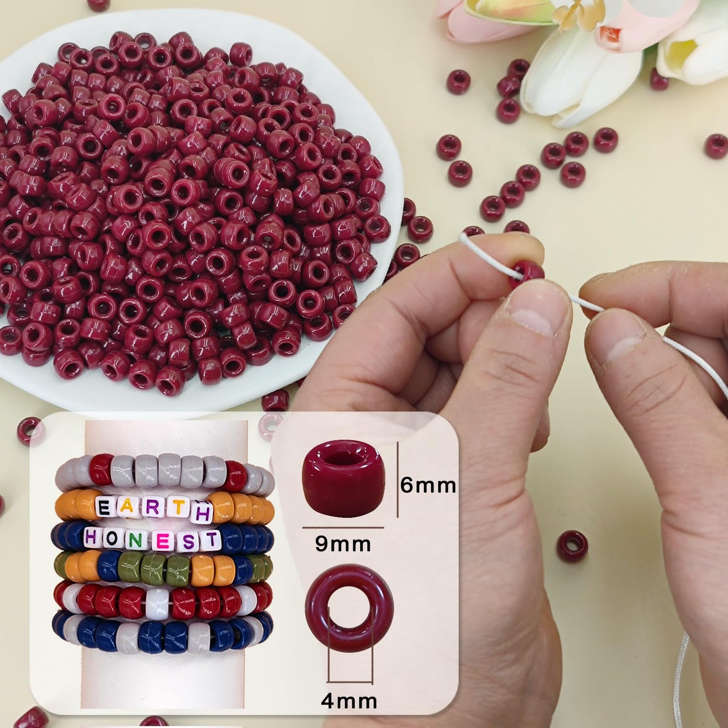 MIIIM 1200PCS 6x9mm Maroon Pony Beads Bulk, Kandi Beads for Bracelets Making Kit, Hair Braids Crafts for Jewelry Making (Maroon)