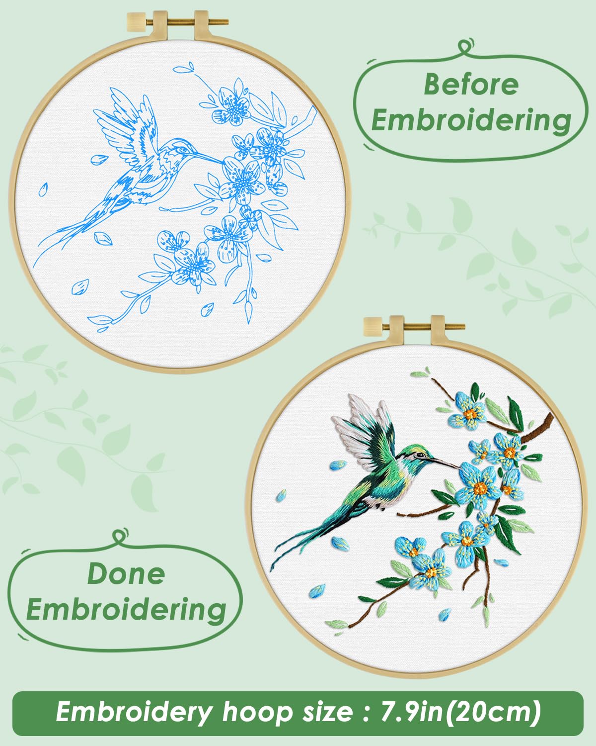 Embroidery Kit for Beginners, Hummingbird and Flower Cross Stitch Set for Include Embroidery Cloth Hoops Threads for Craft Lover Hand Stitch with Embroidery Skill Techniques (Green Hummingbird)