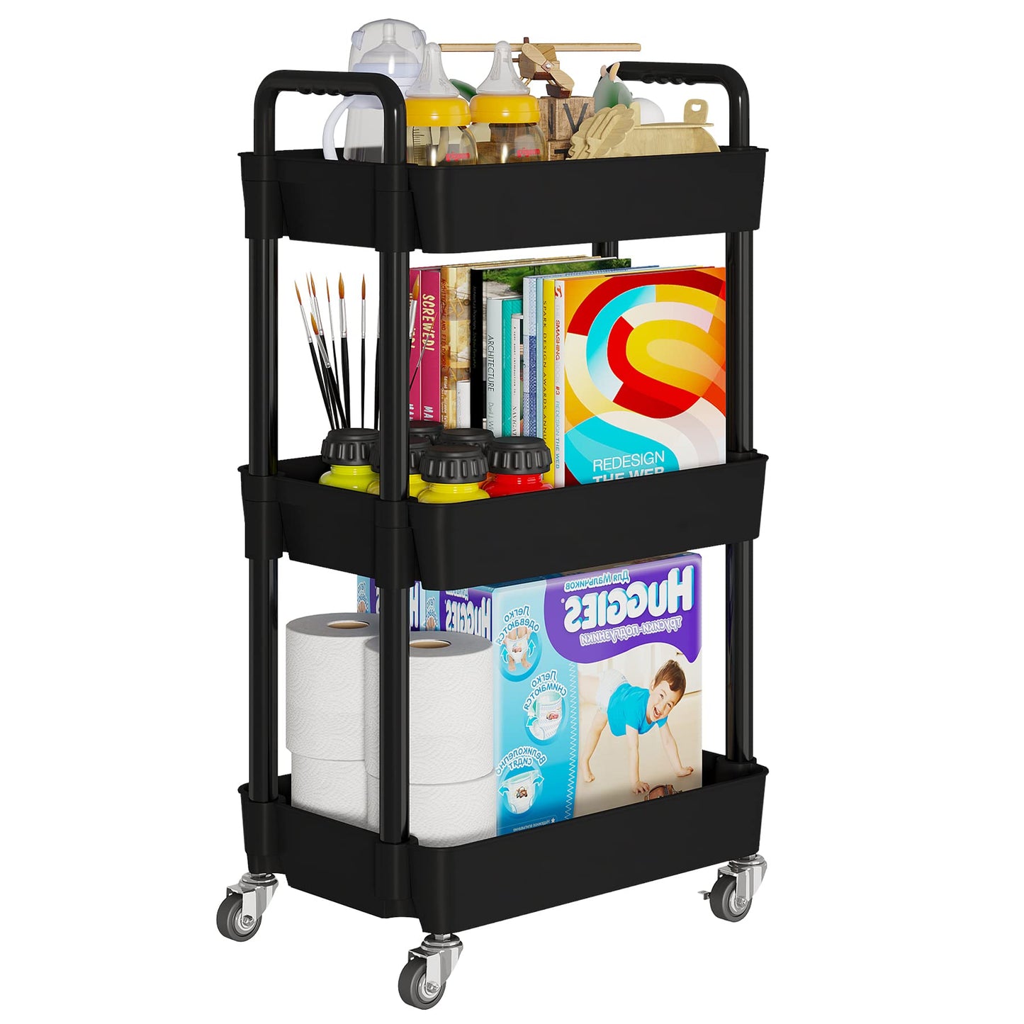 Laiensia 3-Tier Kitchen Storage Cart,Multifunction Utility Rolling Storage Organizer,Mobile Shelving Unit Cart with Lockable Wheels for Bathroom,Laundry,Living Room,With Classified Stickers,Black