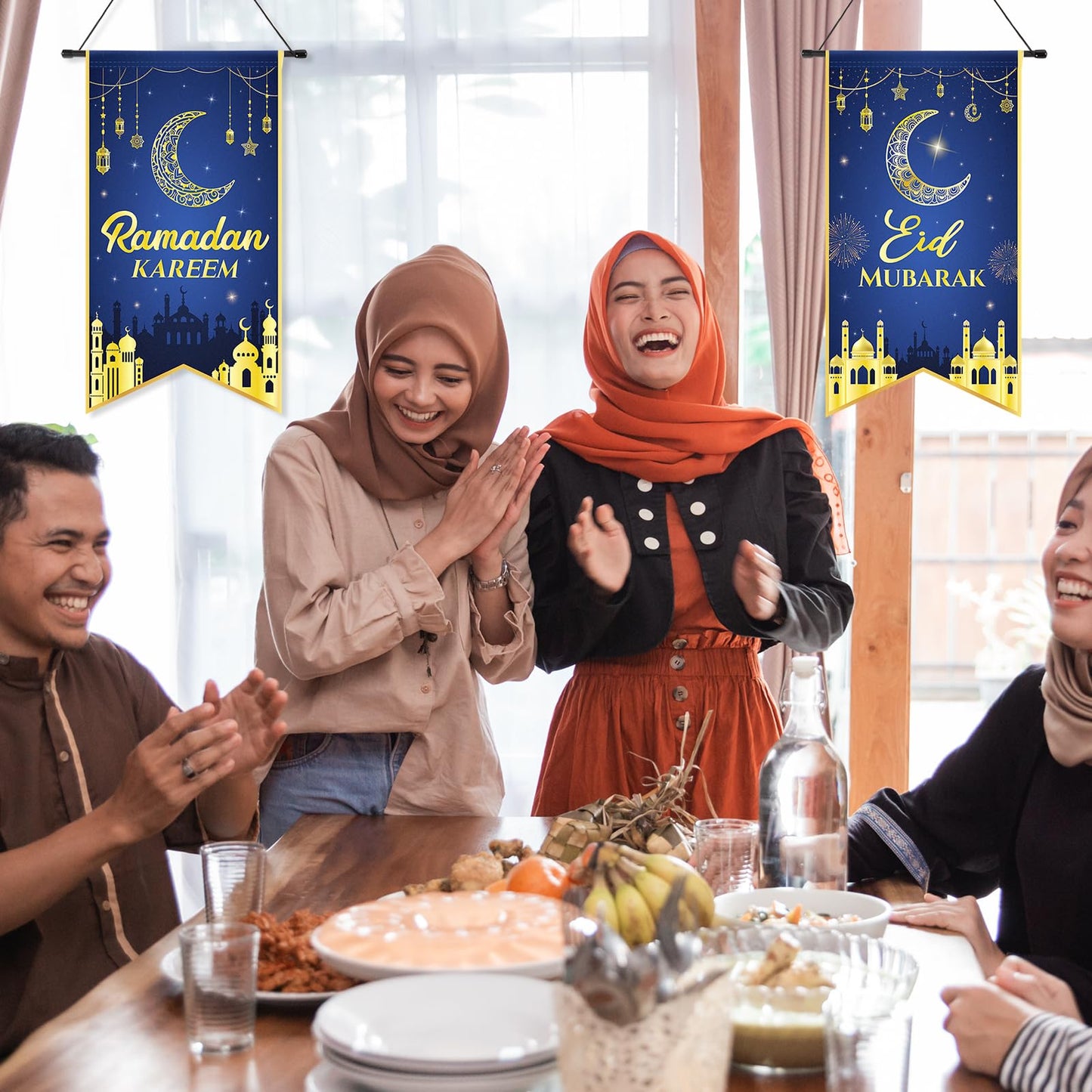 2PCS Eid Mubarak Decorations Ramadan Kareem Hanging Door Sign Ramadan Mubarak Banner Party Decorations Welcome Wall Banner for Party Supplies