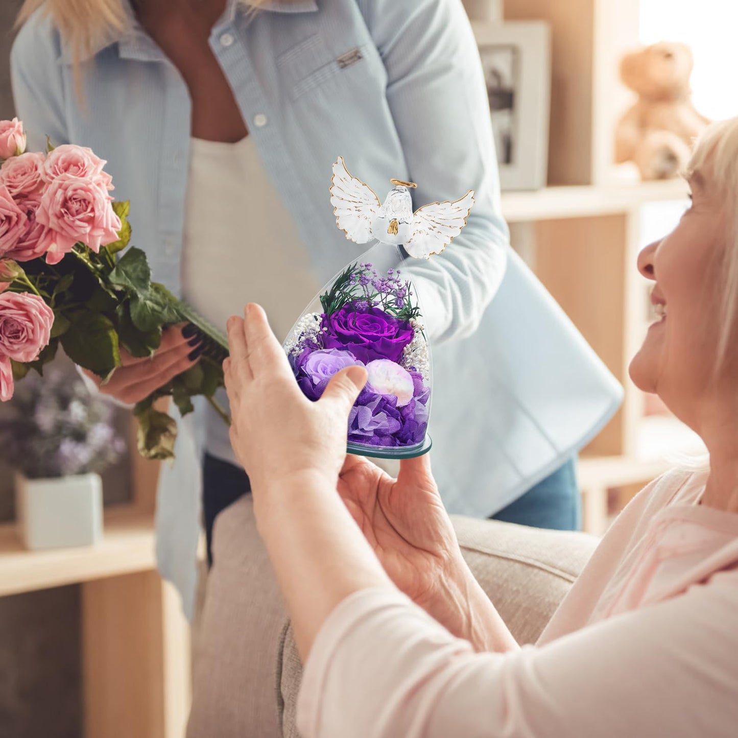 Gifts for Mom Women Birthday Preserved Rose in Glass Angel Figurine Forever Fresh Flower for Delivery, Mothers Day Flowers Gifts for Grandma Wife Daughter Friends