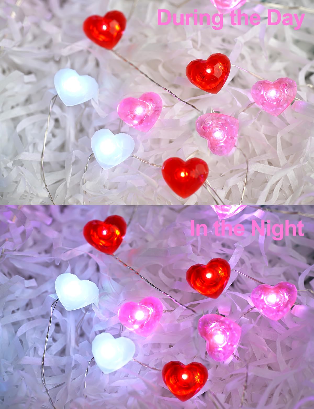 Libreath Valentines Day Decor 10 ft 40 LEDs Red White Pink Heart String Lights Battery Operated Garland Valentines Day Lights with Timer Valentines Day Decorations for The Home Indoor Mother's Day