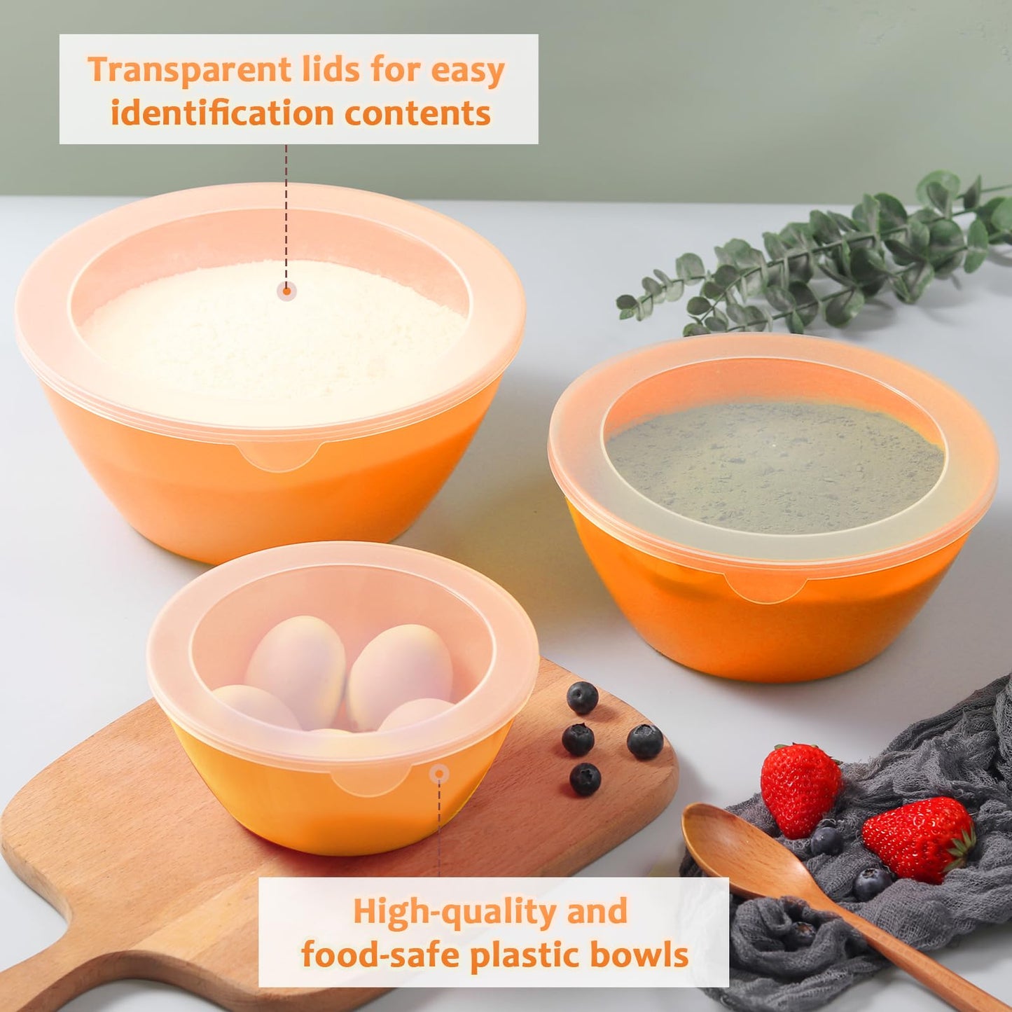 Wehome Mixing Bowls with Lids Set，Plastic Mixing Bowls for Kitchen Preparing，Serving and Storing，Set of 3-Includes 3 Bowls and 3 Lids，BPA-FREE Neat Nesting Bowls with Sealing Lids (Orange)