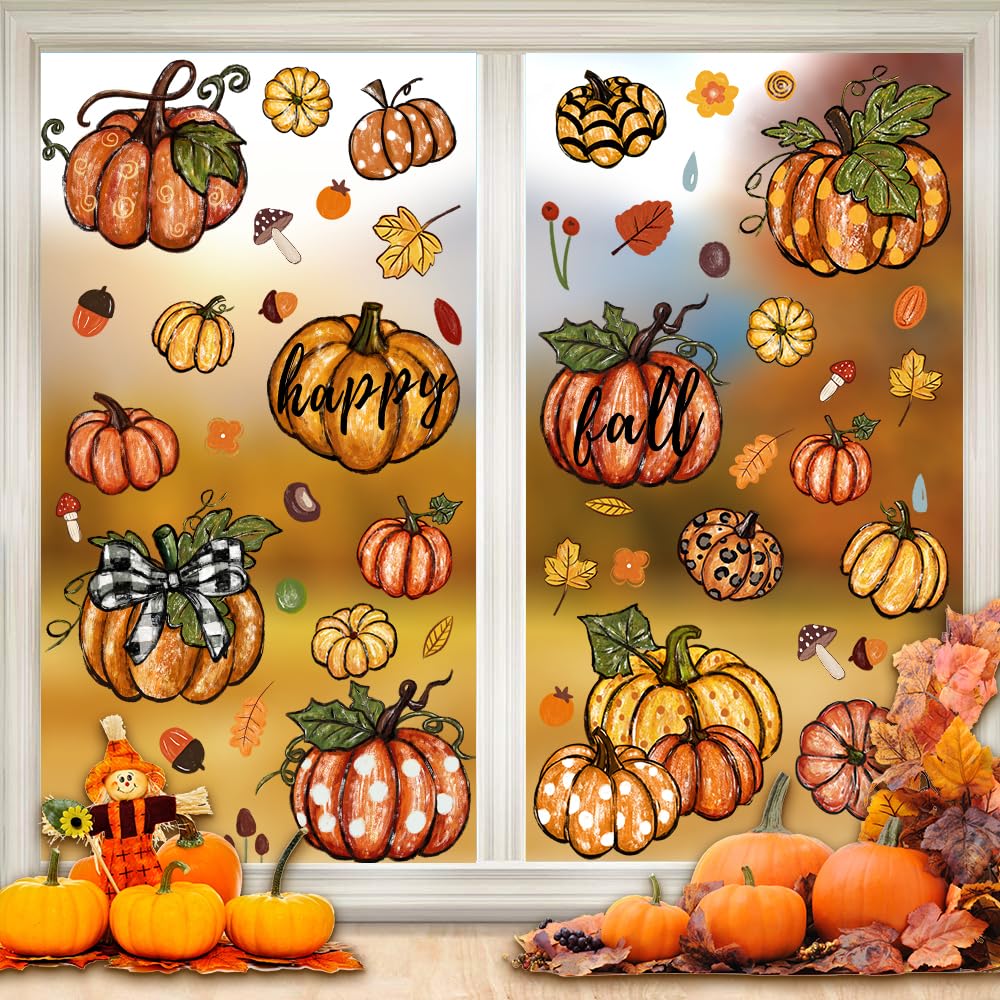 6 Sheets Thanksgiving Leaves Oil Painting Window Clings - Fall Decals Stickers for Autumn Glass Home Decor & Thanksgiving Decoration