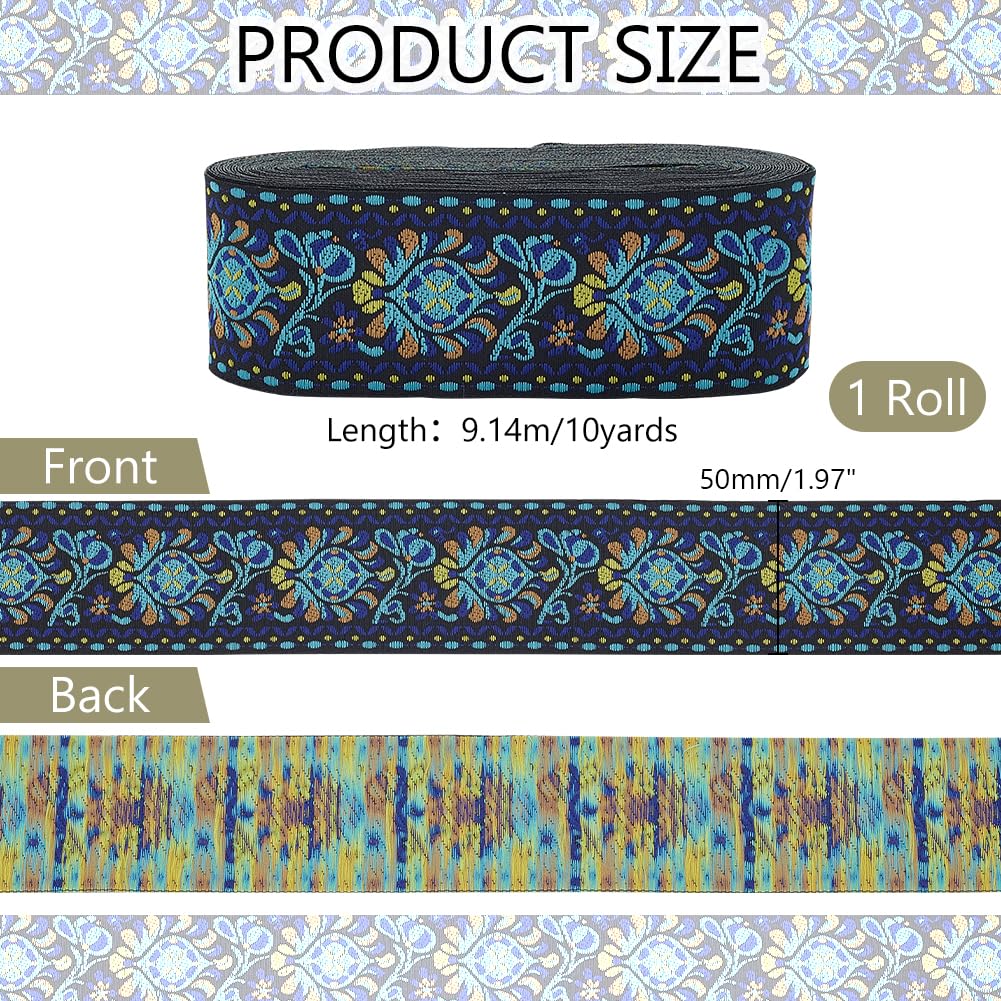 10 Yards Boho Jacquard Fabric Trim with Embroidered Flowers - Blue, 2 Inch Ethnic Style Floral Ribbon for Sewing, Handmade Bag Strap Making & DIY Clothing Decoration