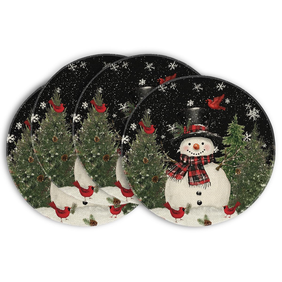 Snowman Trees Snowflakes Christmas Round Placemats Set of 4, 14 Inch Black Winter Round Table Mats for Dining Decoration