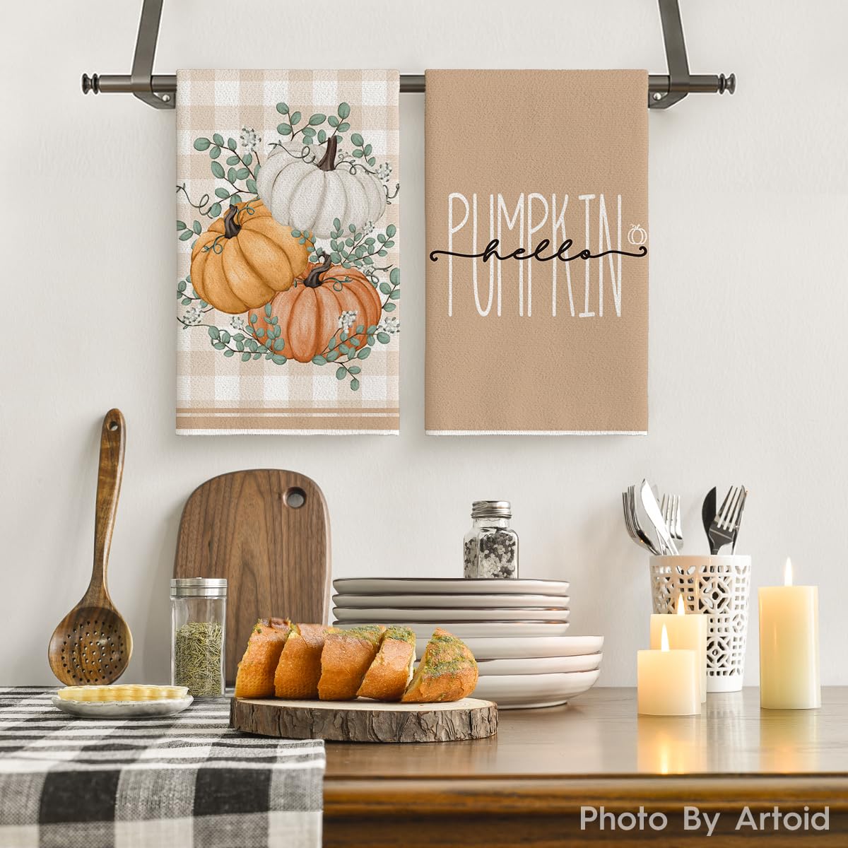 Artoid Mode Orange Eucalyptus Leaves Hello Pumpkin Fall Kitchen Towels Dish Towels, 18x26 Inch Farmhouse Give Thanks Decoration Hand Towels Set of 4