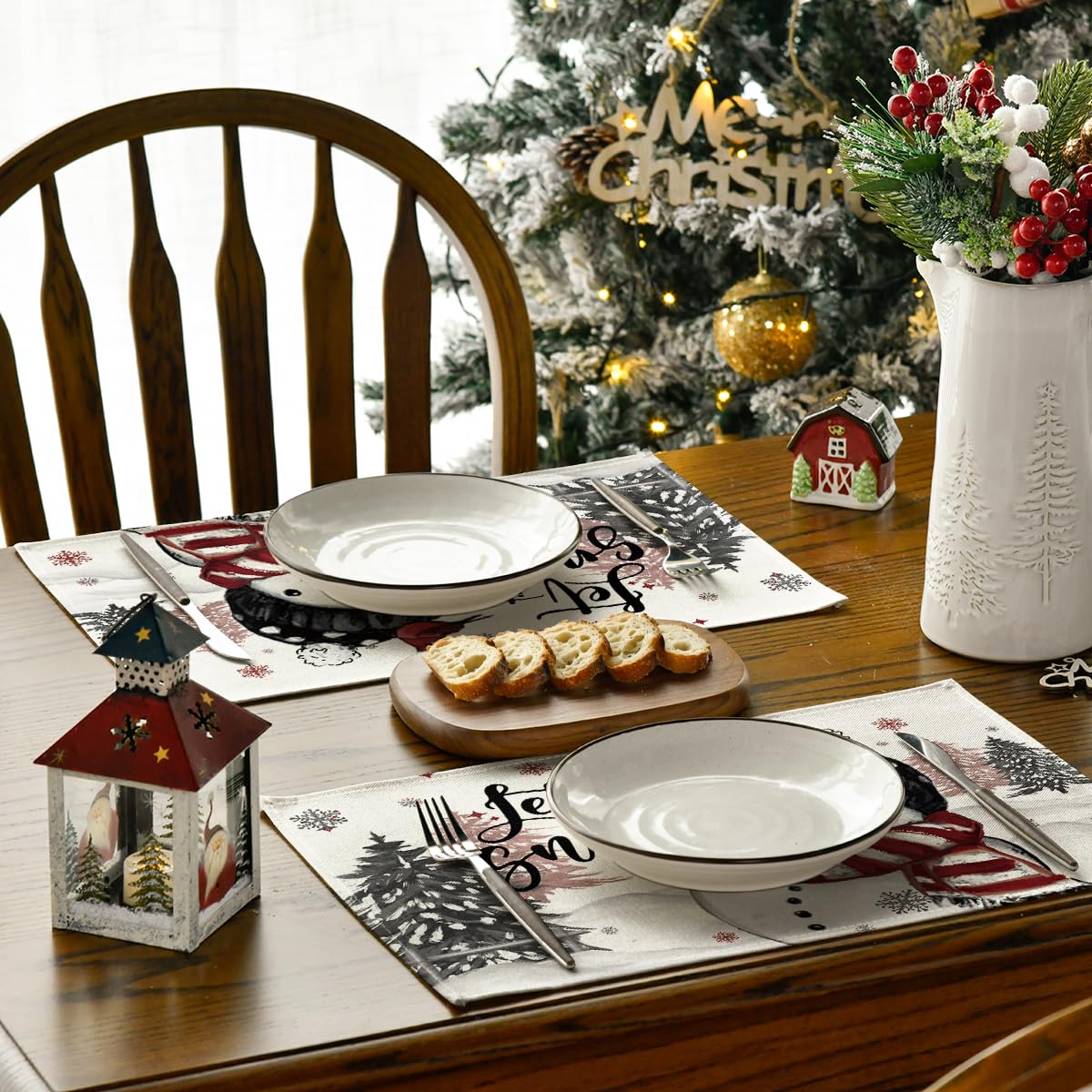 Let It Snow Snowman Christmas Placemats Set of 4, 12x18 Inch Winter Table Mats for Party Kitchen Dining Decoration