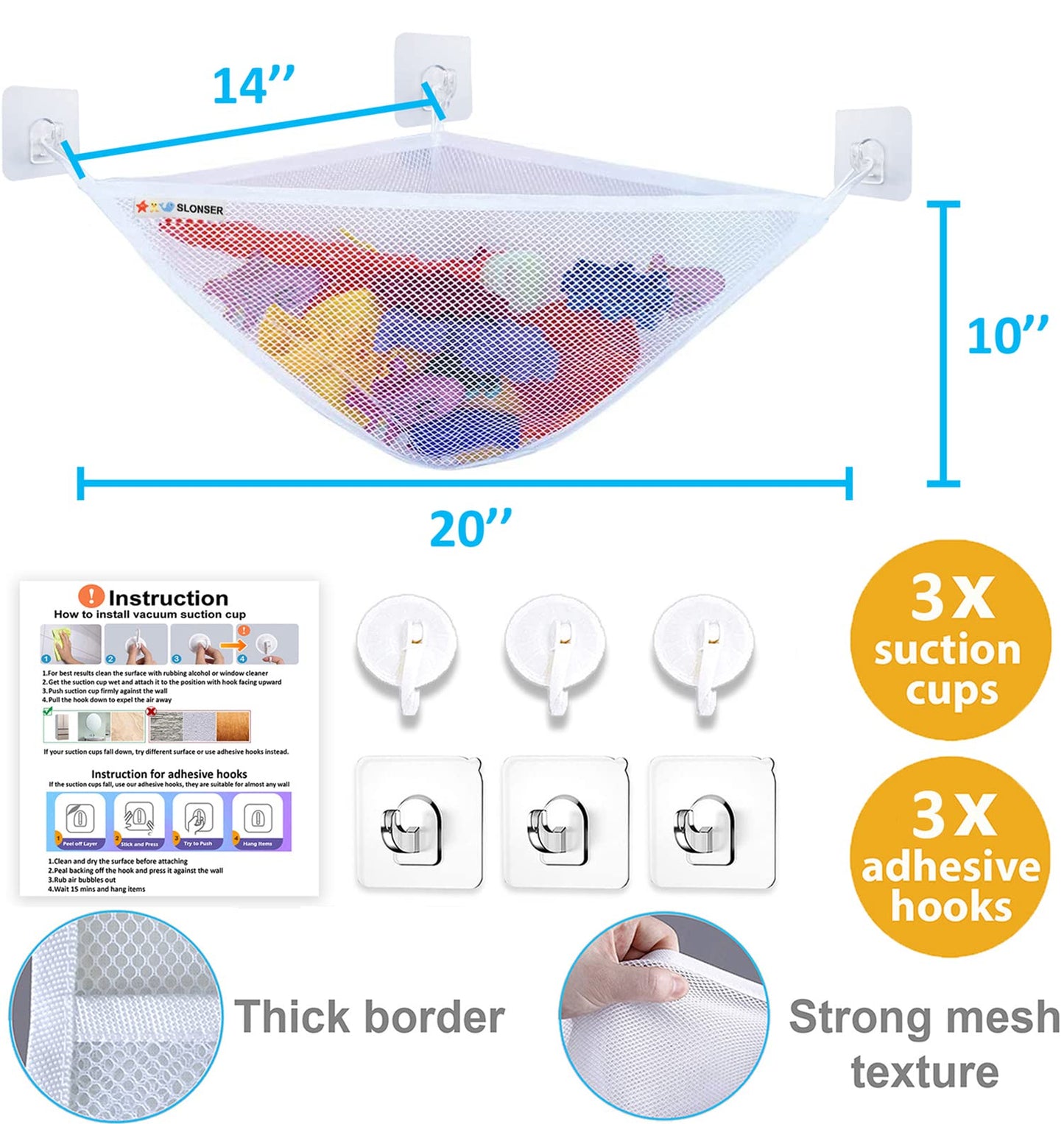 Bath Toy Holder Corner, Kids Bath Toy Net for Tub, Bathtub Holder Basket, Storage Bin Hammock Organizer, Shower Caddy Hanging Mesh Bag, Baby Bathroom Storage with 3 Suction Cups 3 Adhesive Wall Hooks