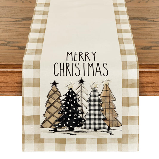 Watercolor Brown Buffalo Plaid Christmas Trees Merry Xmas Table Runner, Seasonal Winter Holiday Kitchen Dining Table Decoration for Home Party Decor 13 x 36 Inch