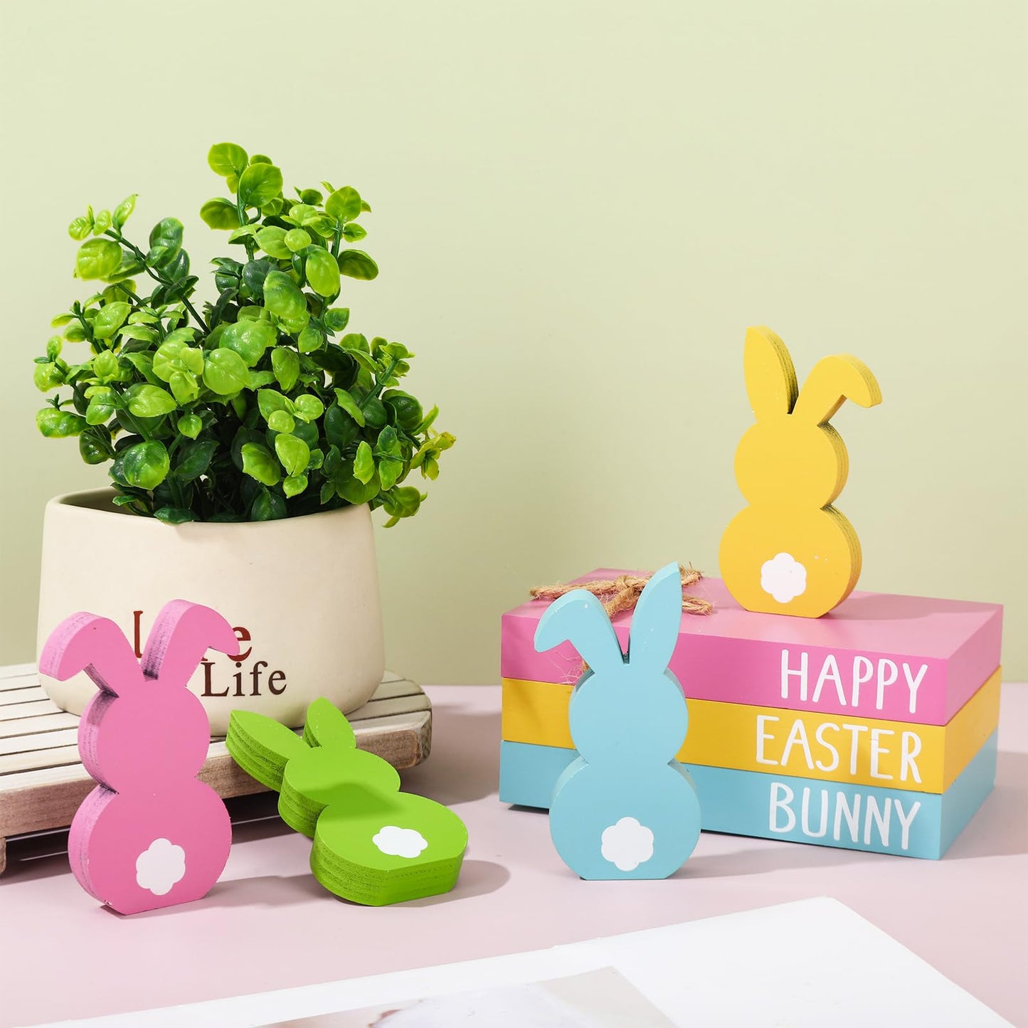 7Pcs Easter Wooden Tiered Tray Decor Pastel Happy Easter Bunny Faux Stacked Books Rabbit Table Centerpiece Block Signs for Spring Party Farmhouse Home Kitchen